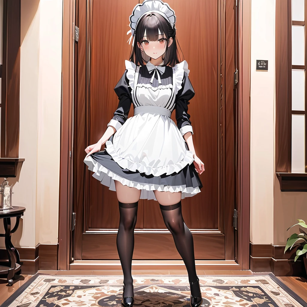 masterpiece, best quality, a cute chibi girl smiling, ((black)) hair, (((white pinafore dress))), (((short))) puffy sleeves, white hairbow, white socks, (((black))) mary jane pumps, school backpack, stand up, (((full body))),