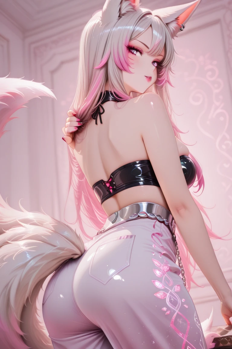 masterpiece,best quality,high resolution,1woman,full body,perfect face,perfect body,(megami magazine:1.3),pale skin,fighter,(pink long policytail hair:1.3),seductive smile,blonde eyes,large breasts,large ass,small nipples,(pink fox ears:),(pink fox tails:1.3),(black catsuit:1.3),stand,(catsuit erect nipples:),cameltoe,clothed,looking at viewer,