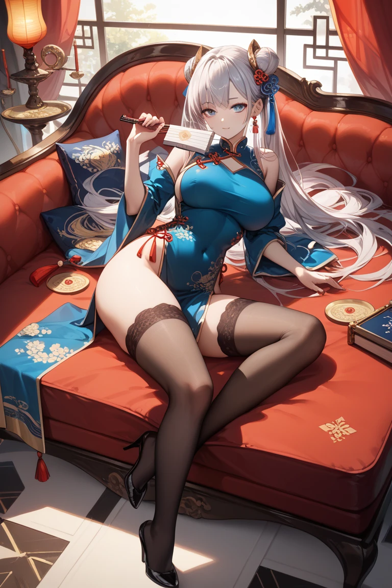 tmasterpiece,High quality,Condensation(the original god),China Cheongsam,Big breasts,Long-legged royal sister,blackstockings,Erotic lingerie,Erotic eyes,Long hair,White hair,
