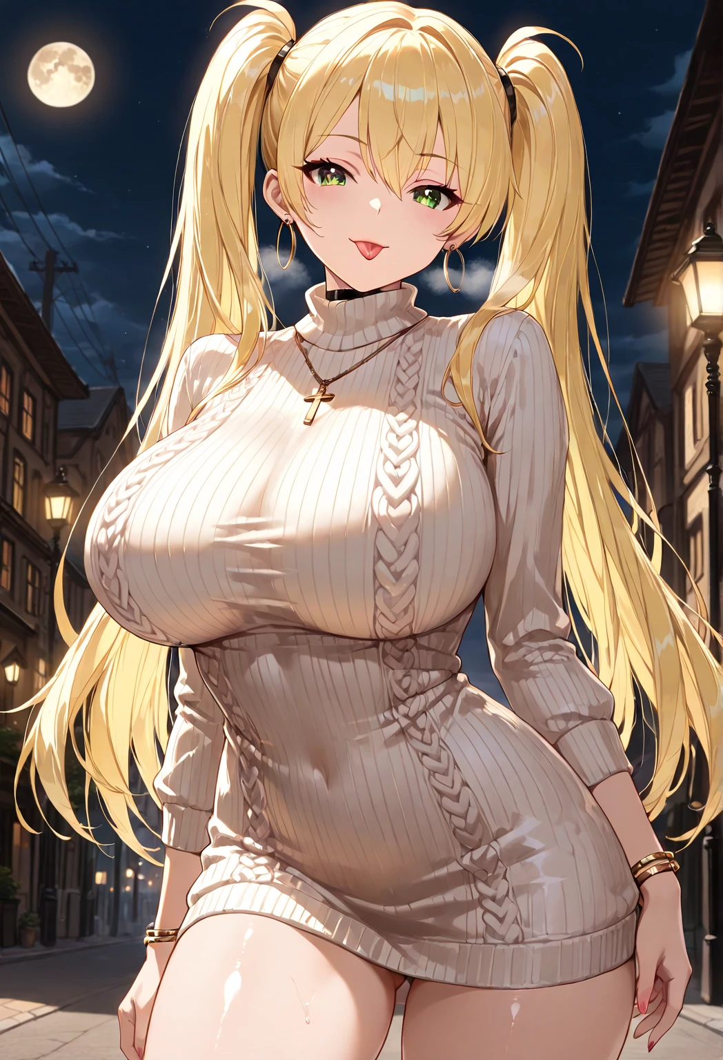 blonde hair color,long hair,hime cut,light brown eyes,corset, long skirt,earrings,huge breasts,Whipped thighs,slender,near,street background,SFW,perfect,high quality,faultless,smile