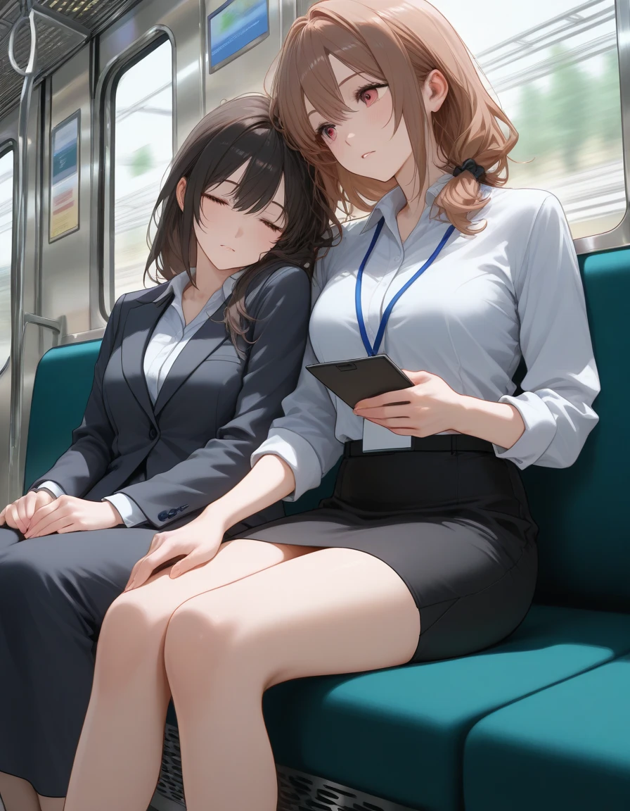 professional women photography, highest quality写真、highest resolution、2 women、stick out tongue、kiss、lesbian、shiny skin, pencil skirt, suit、mini skirt、Lace white panties are visible、lace bra、black hair straight、hair band、light blue shirt, Shirt Unbuttoning、sit on a train chair、from the front、Fresh lips、light blue eyes, landscape, brown shoes, highest quality, Super detailed,  Glossy skin, shiny skin,mature beautiful face, attractive appearance, spread your legs