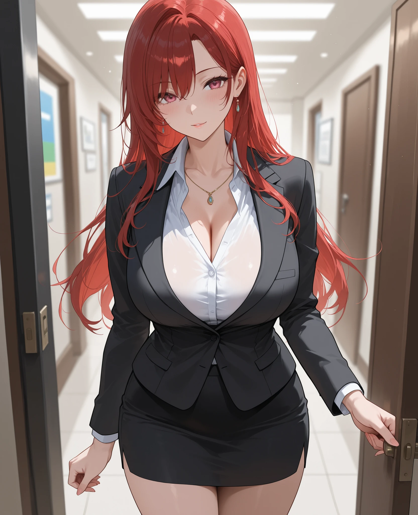 (Masterpiece, Best Quality, High Quality:1.4), professional artwork, Intricate Details, field of view, sharp focus, detailed painting, cinematic lighting, trending on pixiv, (vivid lighting, vibrant colors, by by Nagasawa Rosetsu:1.05), Hiroko Takashiro, (mature female, milf:1.2), (40yo:1.1), (curvy:1.15), hands on waist, classroom, window, (cowboy shot:1.1), closeup, looking at viewer, (red hair:1.05), long hair, lipstick, makeup, ultra detail hair, ultra detail face, (purple eyes:1.05), perfect eyes, perfect face, earrings, (flirting, blush:1.2), (white shirt, purple jacket:1.1), (black thighhighs, garter belt:1.1), (zettai ryouiki:0.8), pencil skirt, school uniform, (Large Breasts:1.05), (Cleavage:0.9), big ass, thighs, ultra detailed eyes, ultra detailed lips, hugs, kissing, french kiss, Kitami Reika, Hiroko Takashiro kissing Kitami Reika,