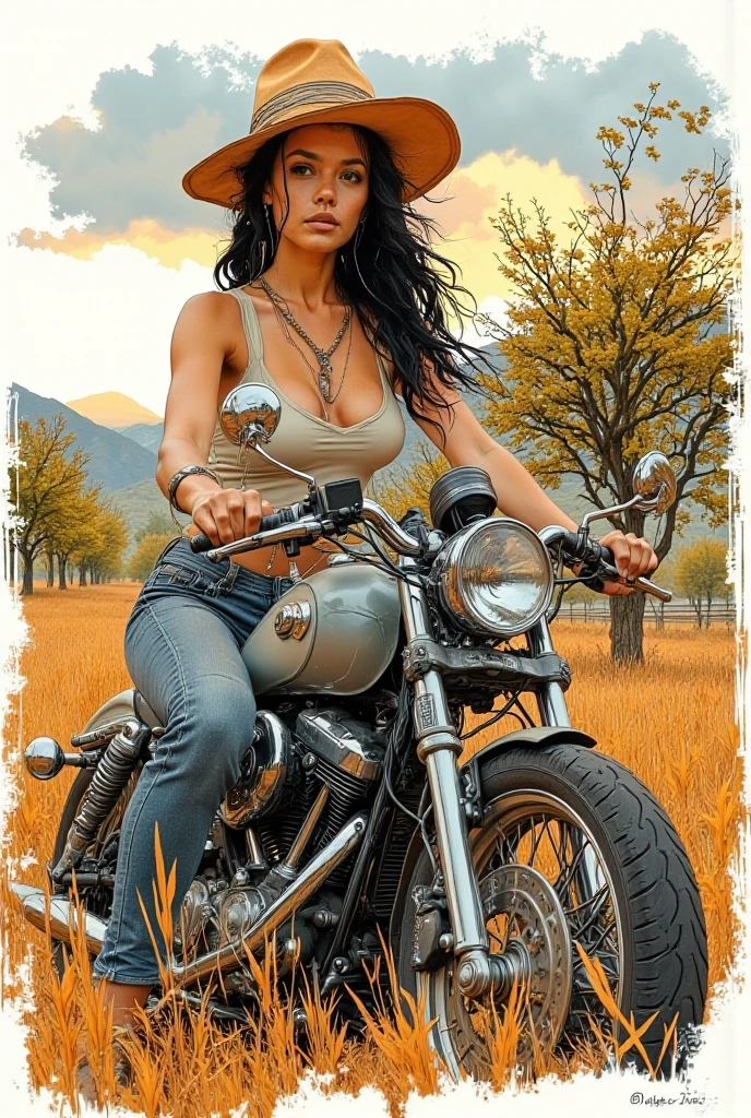 Beautiful tribal cave woman wearing war bonnet and straddling and riding a big harley davidson motorcycle big and heavy chopper wide like a buffalo. Create a highly-detailed digital illustration, tribal woman wearing animal hides, harley davidson motorcycle realistic rendered, with intricate details and natural textures. Woman tribal clothing highly-detailed, with natural textures and intricate details.