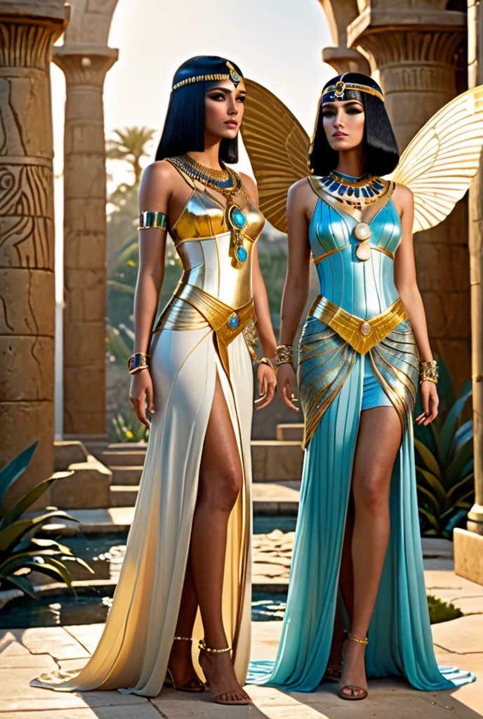 ultra realistic, , Cleopatra milf, 38 years, ( long decorated (Cleopatra dress)), with two men 8K, two men