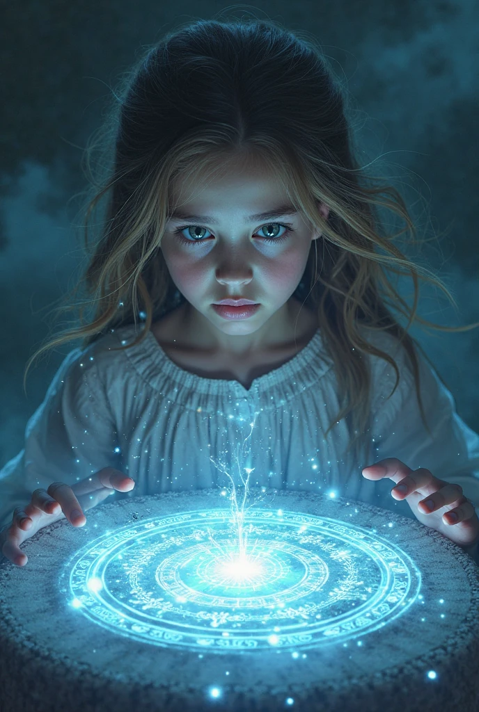 14 YEAR OLD CHILD GIRL WITH LONG BLONDE HAIR, holding a blue ball in her hands with smoke coming out of it, crystal ball, holding a crystal ball, casting a protection spell, holding a glowing orb, spell casting mage, spell casting, the truth orb, casting a powerful spell, holding a glowing orb of dice,  a woman holding an orb, emitting psychic powers, hands holding large glowing orbs