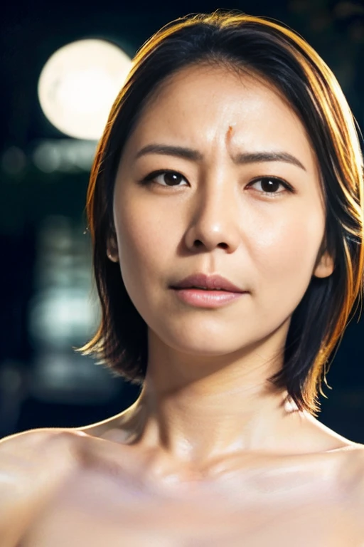 (editorial photograph of an 51 year old Thailand woman), (MMA gloves), (highly detailed face:1.4), (muscles:1.4), (MMA pose:1.2), (background inside light, bright, private gym:1.1), (8k, uhd, dslr, high quality, cinematic lighting, bokeh), (dramatic, award winning photography, incredible masterpiece:1.3), (lusty aroused stare at camera), (((nude)))