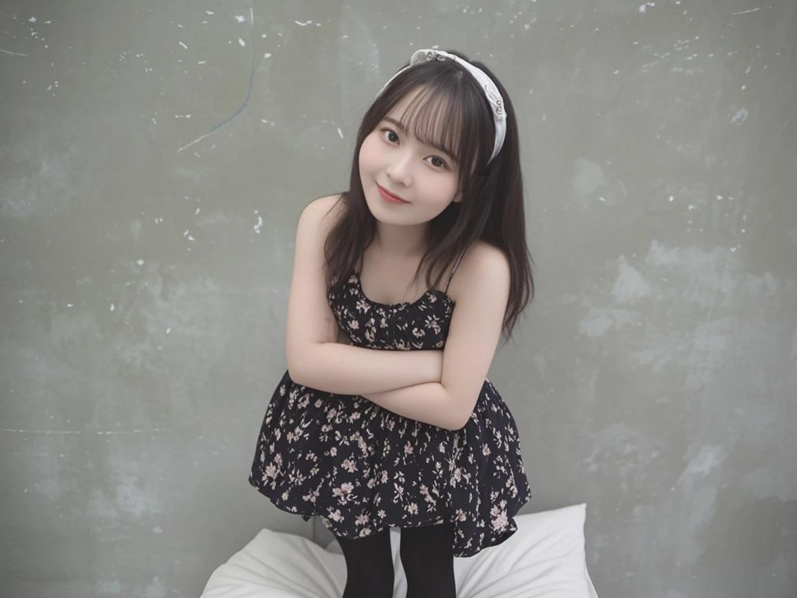 8-year-old girl,delicate,Extremely small breasts,Neat,Cute outfit,Inside the shooting studio,Sitting on a low chair,The light makes the clothes transparent,Summer Dresses,Tank top,separate,Quite short in length,My belly is visible,Beautiful light black clothes,Chiffon skirt,Micro Mini Skirt,Lace hem,Lace on the chest,ribbon,Medium-long hair,Cute sandals,Cinematic lighting,Natural smile,Natural pose,Reader model for children's fashion magazine,ponytail