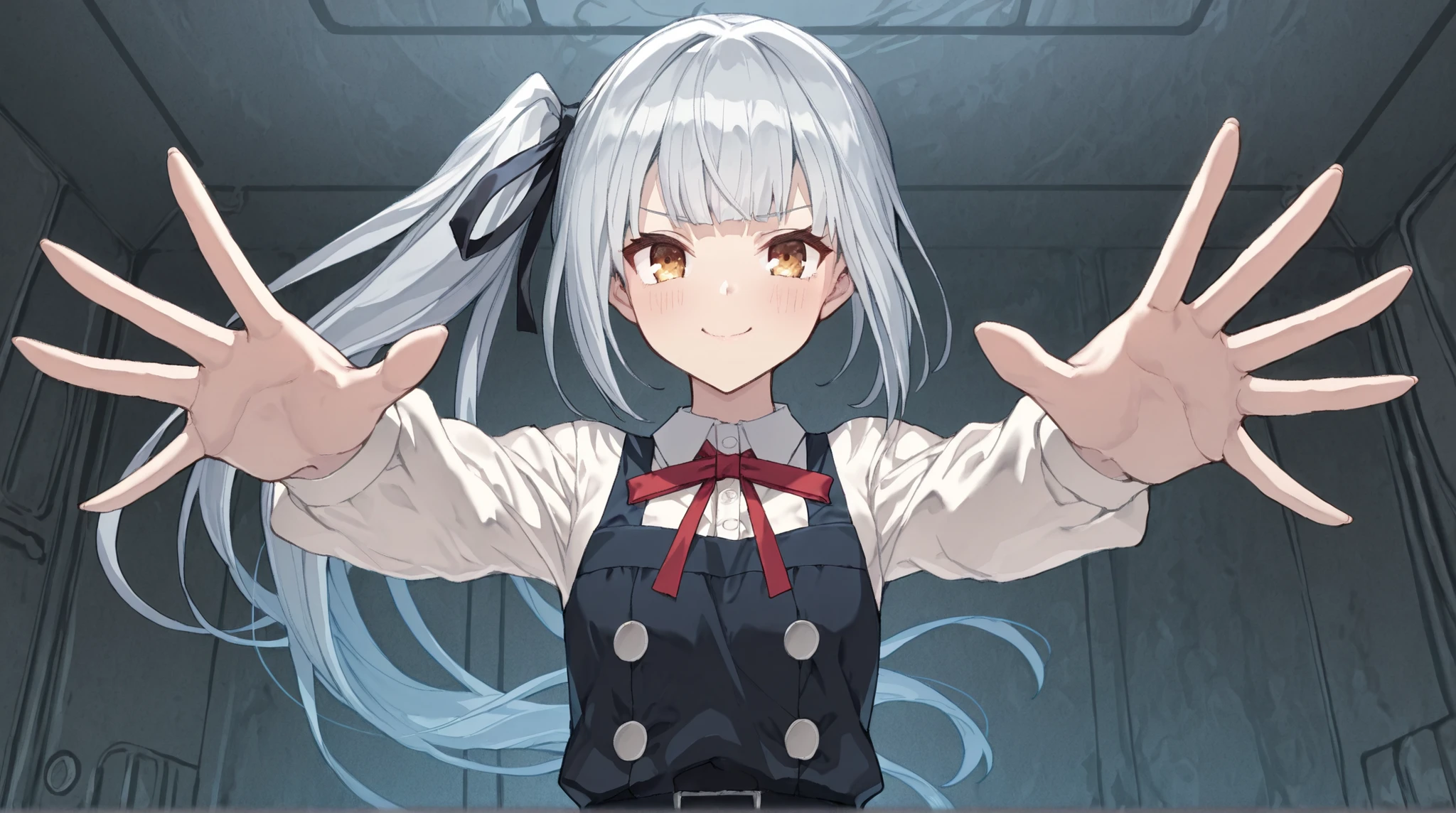 8K (high definition) (Super Detail) (masterpiece) (Highest Quality) animated illustration detailed eyes detailed face detailed hands Delicate hair detailed wrinkles on clothes very elaborate body with raised palm fine skin healthy skin tone with ro in the background solo (KasumikainIKC ), long hair, shirt, long sleeve, dress, hair ribbon, 白shirt, 黒dress, (SIDE PONYTAIL), Red ribbon on chest, black ribbon ピナフォレdress, skirt for ears be happy Dynamic see here point here composition from an oblique bottom (maritime)