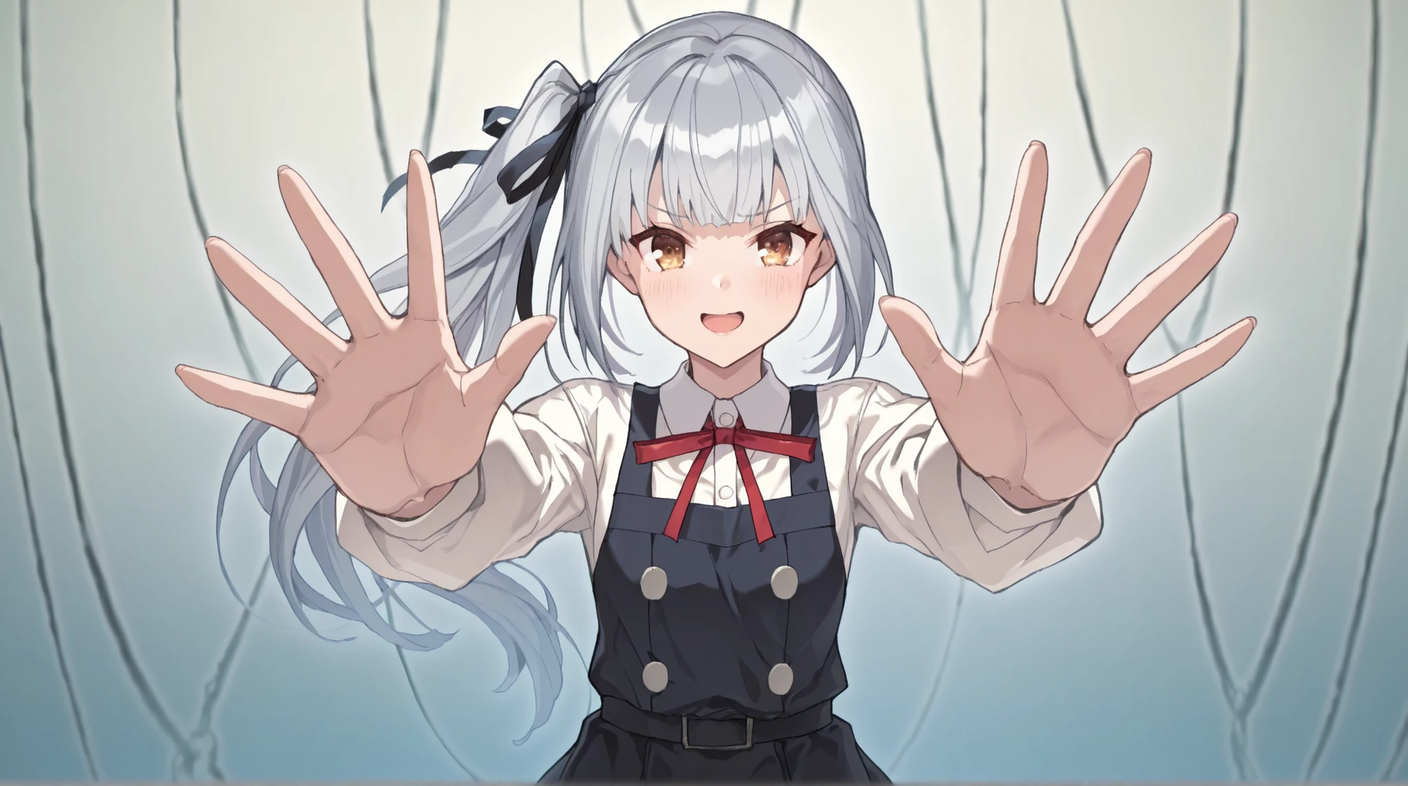 8K (high definition) (Super Detail) (masterpiece) (Highest Quality) animated illustration detailed eyes detailed face detailed hands Delicate hair detailed wrinkles on clothes very elaborate body with raised palm fine skin healthy skin tone with ro in the background solo (KasumikainIKC ), long hair, shirt, long sleeve, dress, hair ribbon, 白shirt, 黒dress, (SIDE PONYTAIL), Red ribbon on chest, black ribbon ピナフォレdress, skirt for ears be happy Dynamic see here point here composition from an oblique bottom (maritime)