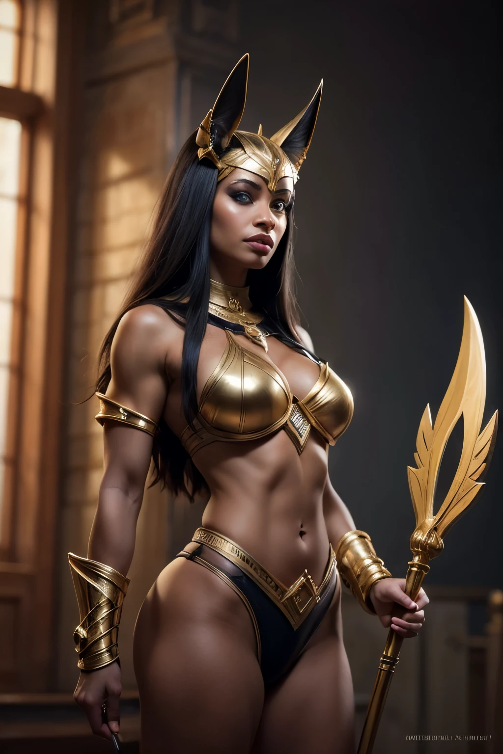 Ethiopian woman, ethnically Ethiopian, muscular and athletic woman, in early thirties, wearing black and gold luxtech, ethnic jewelry, cyberpunk themed, sexy, not safe for work, scantily clad, dressed seductively, showing skin, exposed hips, visible cleavage, medium breast, wearing ssahc