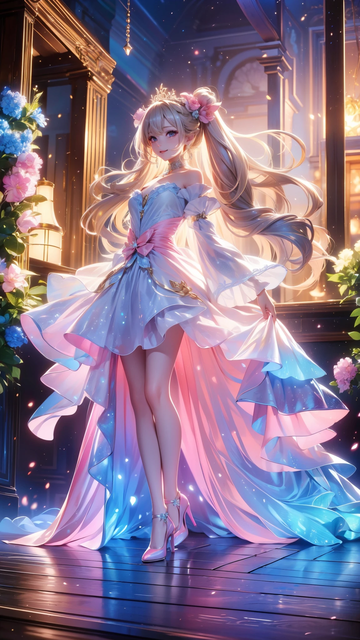 Composed from head to foot 、full body図、 watch viewers、 score_9, score_8_ up, score_7_ up, anime style、In 8K、32K、masterpiece、 one girl、 8k resolution, masterpiece, Highest Quality , winning work , unrealistic, anatomically correct skeleton , 1 girl on break day, alone, long hair,,masterpiece, Highest Quality , ( Just Contate ), ( perfect face :1.1), (full body), ( High detail during meals:1.1), ( super detailed eyes),(8k, Highest Quality , masterpiece: 1.2), Ultra High Definition ,, Marie Antoinette , super detailed face ,fine grain, Please open your mouth slightly ,( blondes), long hair, Wave Hair, in their 40s,Rococo Ruffle Dress, long sleeve dress, dress for lying on a wooden boat has a long skirt , Baroque Dress , intricate fantasy dress , Beautiful ruffle dress , romantic dress, frilly costume ,lottery, Data Style, formal wear, Fancy Fashion, palate colors include blue and white,( pink:1.5),Class A Smile, gold tiara on the tip of the stick , necklace, Sit in an upscale chair, Knees in the dressing room ,( rainbow light :1.4), ,(Inside Victoria Palace)、 and her eyes are shining 、 now、Her blondes' hair reaches her waist 、Rose-colored gradation and three, 薄い pinkのロック. 彼女は花柄の装飾が施された gold tiara on the tip of the stick を着用し、 Matching earrings , white flower choker. 彼女は金色のボタンで縁取られたフリル付きの白いストライプの pinkのトップを着ている, The white sleeves are in the shape of a rosebud .. with a magenta ribbon flowing out of her chest ..、 At the back of her neck 、Matching chest piece, Decorated with flowers. Her ruffle skirt is separated by a white line , The dress has a large magenta ribbon on it 、Decorated with gold, There is a small ribbon on the back. Her mini skirt、薄い pinkのマゼンタの貝殻状の裏地と白い花のペチコートでできている. 彼女は pinkの花がついた白い手袋も着用している, 白と薄い pinkの靴には、ゆるいカフとDecorated with flowersたマゼンタのリボンがある.