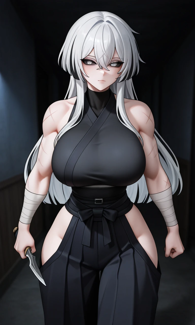 (Selvaria Bles (Valkyria Chronicles) LoRA) ((1girl)) full body, standing, grey skin, drow, elf, mature, detailed happy face, purple eyes, white hair, black bikini, abs, big knockers, golden chain collar, stomach tattoo (red tattoo)