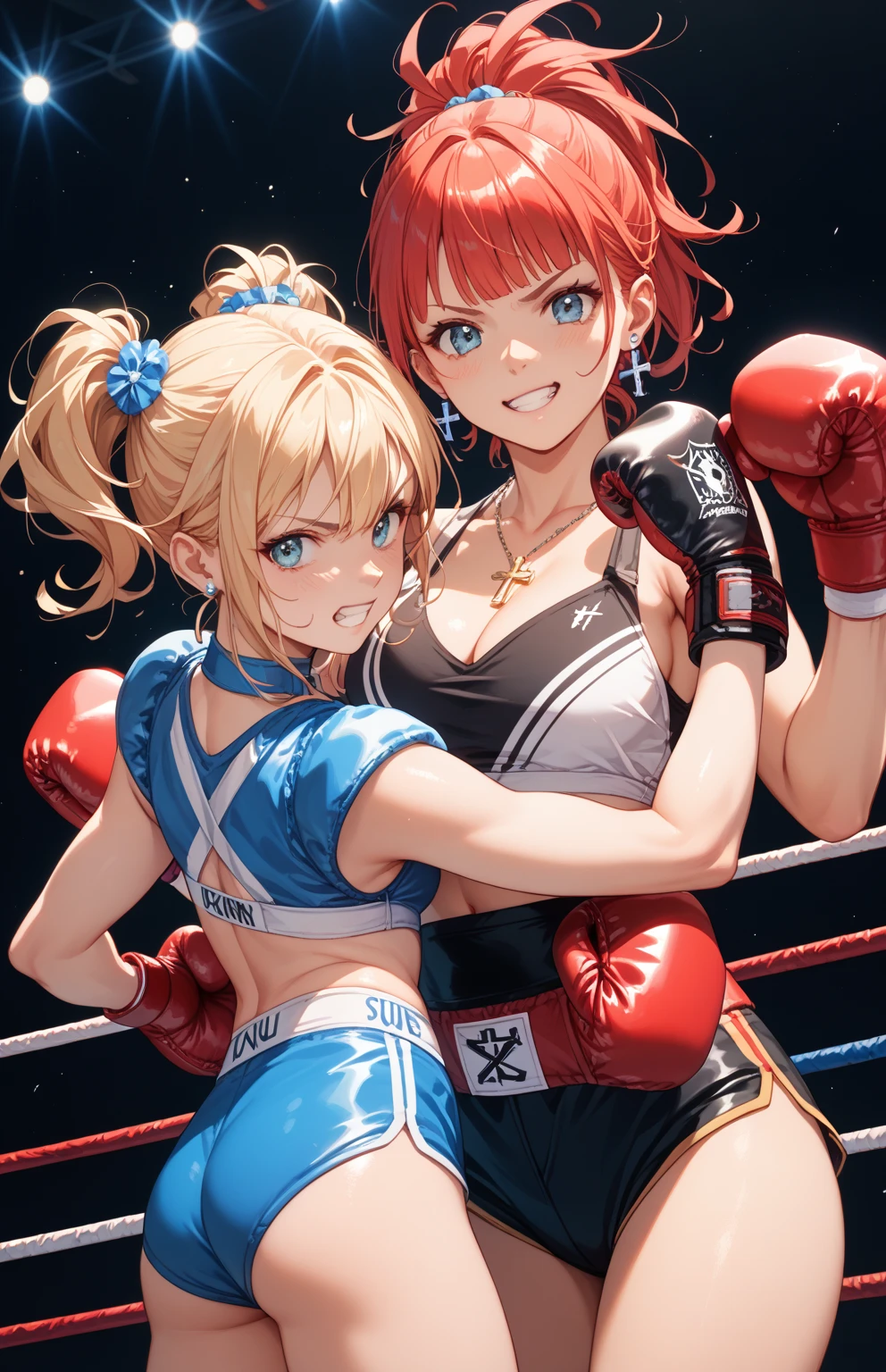 2girls,(fighting stance,face punch),face to face,angry,