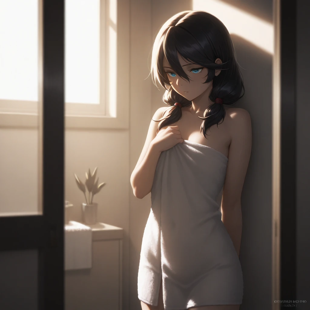 ((highest quality)), ((masterpiece)), (be familiar with), cowboy shot,illuminated by candlelight,wooden house,While supporting my body with both hands on the wall,Looking back at me with wet eyes over my shoulder,She was wearing only a white bra and white panties.,black haired,had blue eyes,19 years old,beautiful girl,small face,bust 85cm,Waist 56cm,Hips 82cm,perfect hands,perfect fingers,High resolution