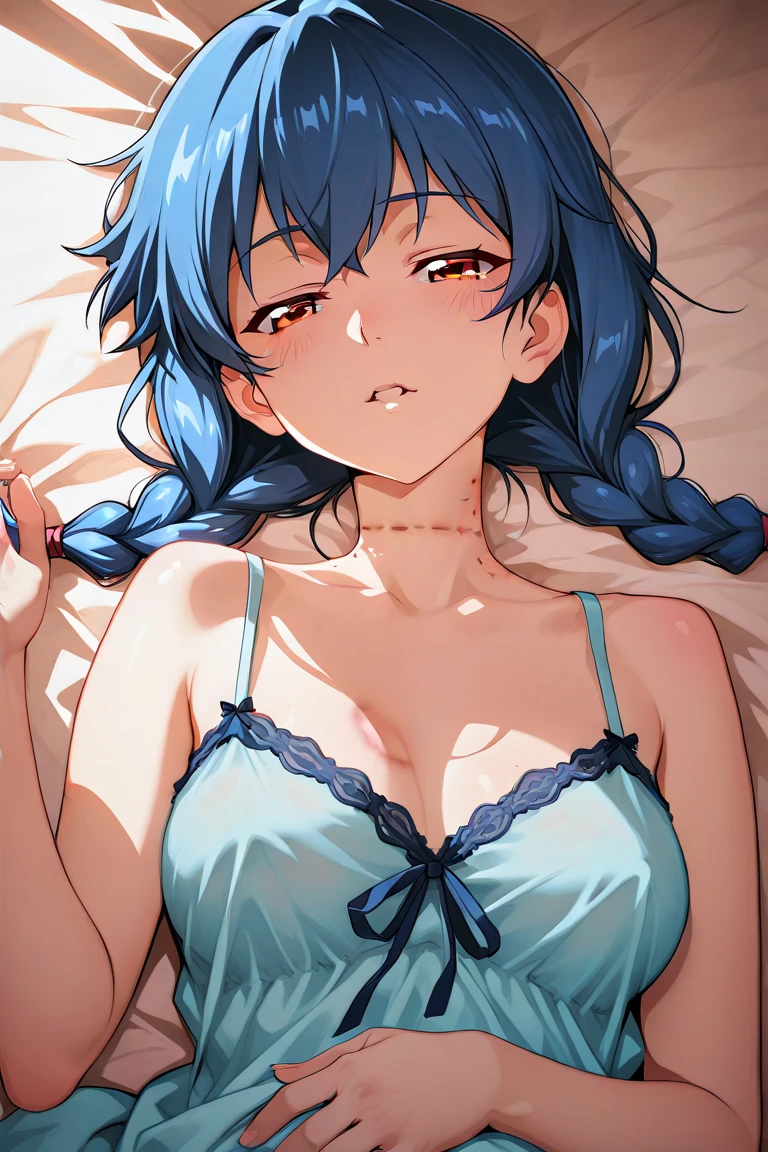 top-quality、Top image quality、masterpiece、s girl((18year old、 Ager、Best Bust、Medium bust,wide open breast tea、light blue eyerest, Black and light blue hair、A slender,Large valleys、dye one's cheeks red、disheveled black yukata、Sit up、Being drunk、Bright red in the face、Disturbed pose、sexypose、seductiv)),hiquality、Beautiful Art、Background with((Ryokans in Japan、Night Hostel、Ryokan rooms、Tatami mats、Sake、dark ilumination、futon bedding/bed linen set、depth of fields、movie、
