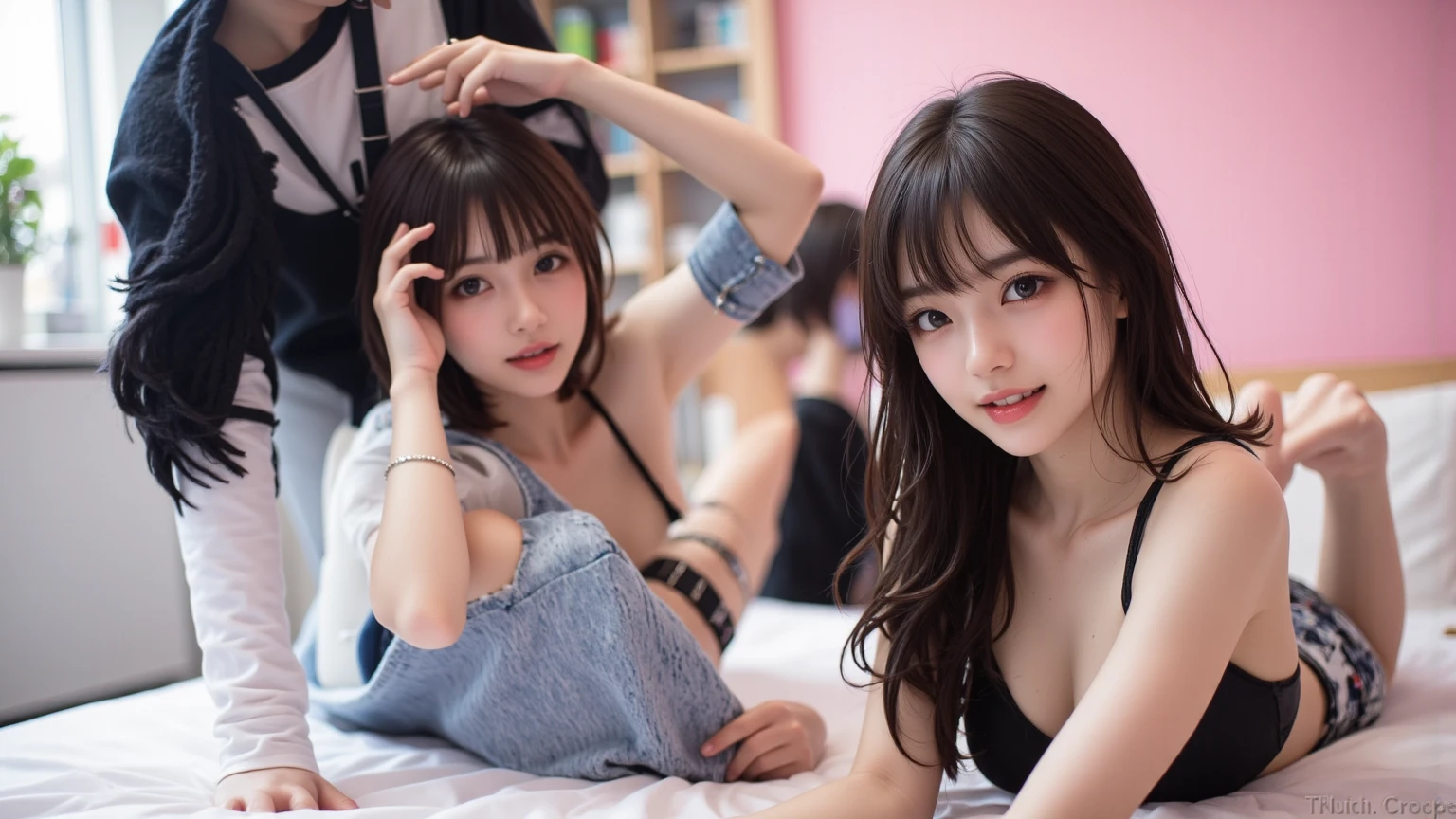 (Natural strawberry blonde and redhead girls with pretty faces), Cute pose, wearing a button dress, Atmospheric, Dark atmosphere, Edge lighting, Sayaka Yamamoto, Saito Asuka, Mao Akiyama's facial features, 8K, Full 体 portrait, Elegant outfit, Natural light, Spooky greenhouse at night, Sharp focus, (Highly detailed eyes and face:1.1, Professional photography techniques), (Beautiful small face, beautiful girl, high school student, Idol Face, Baby Face:1.4), smile, Happy, K UHD, Hmph, Beautiful and soft skin, Vibrant Skin, blush, (Chirarizum:1.3, Unbutton the dress:1.5), ((Beautiful breasts:1.2, Cleavage)), (Small beautiful butt), (Detailed hands:1.1, The optimal ratio is four fingers to one thumb), Perfect proportions, (Perfect Anatomy:1.3), (Highest quality, Masterpiece, Highest quality, Ultra high definition, Photorealism:1.4), ((Touching each other's breasts:1.4))