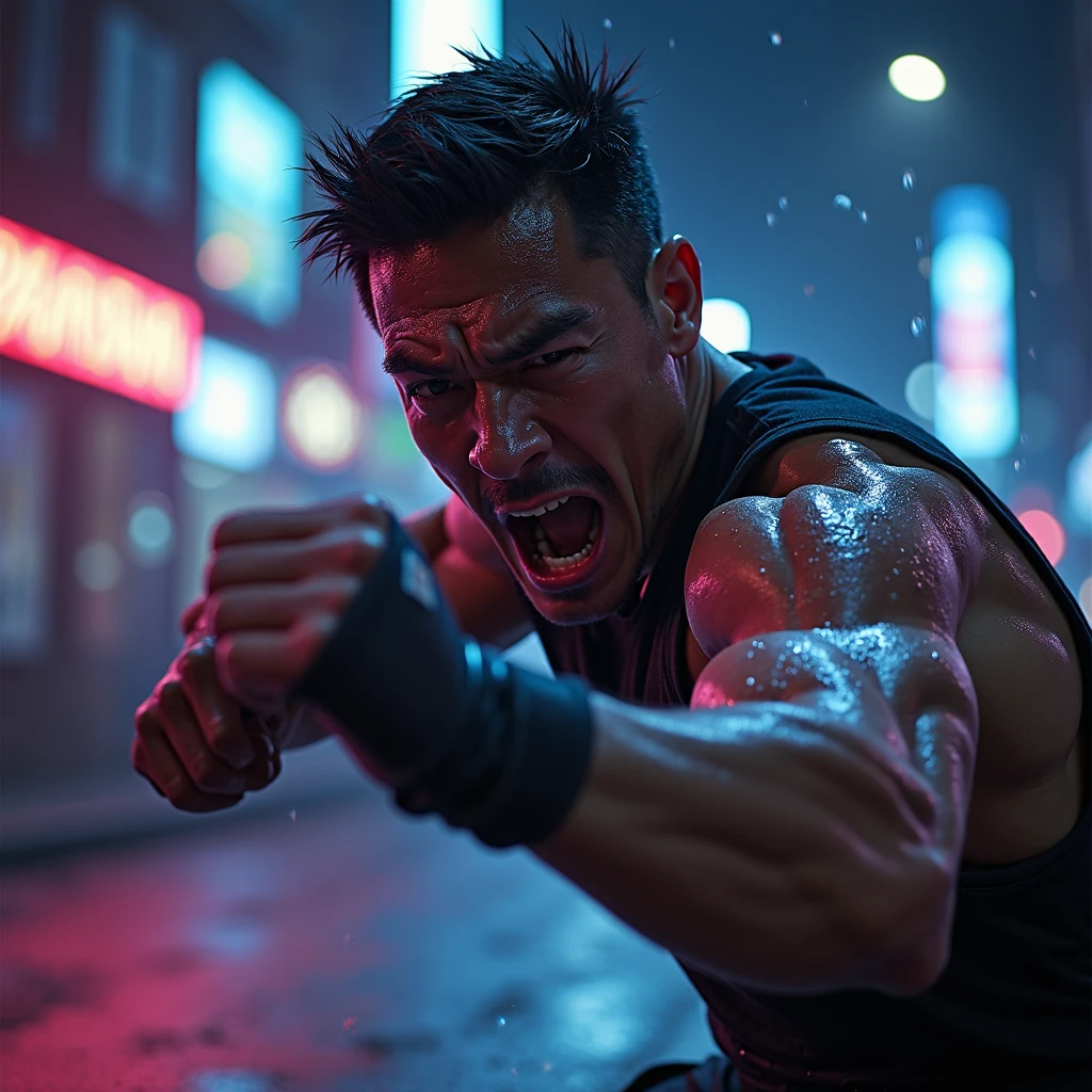 ((masterpiece)), ((detailed)), illustration, character appearance (muscular build, fierce expression, bare-chested with visible gang tattoos), clothing attire (none), character actions (assuming a fighting stance), scene perspective (street level), background elements (neon signs, bustling crowds).