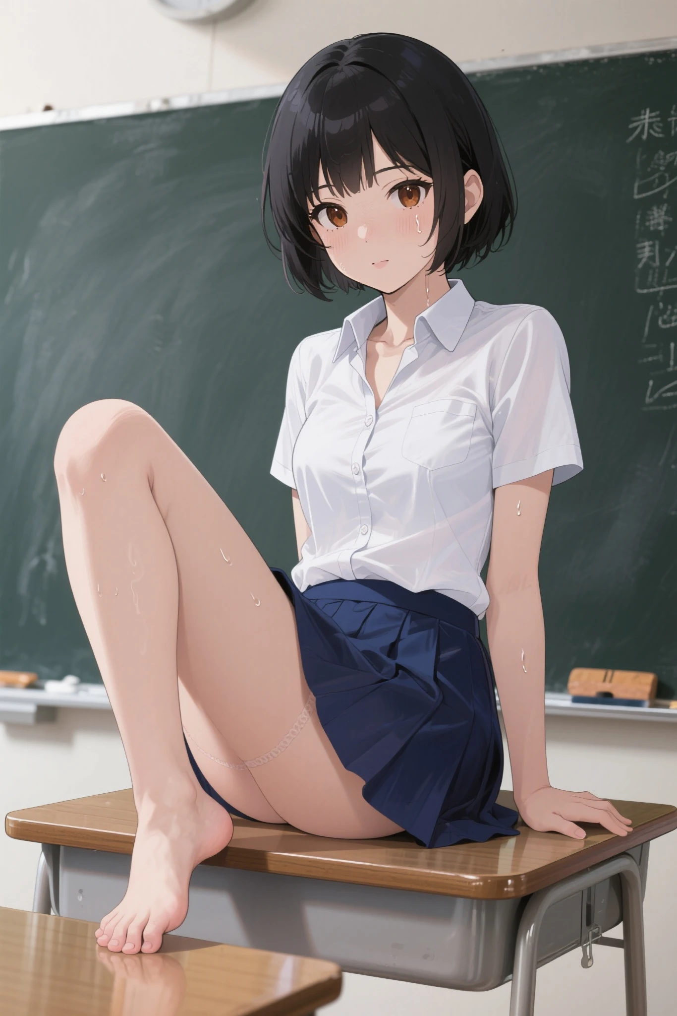 Highest quality,masterpiece,Nipples,Dark hair color,pubic hair,Nude photography subject,17 years old,Panties pulled down to the knees,student,classroom,Bra taken off,boyish,Short Hair