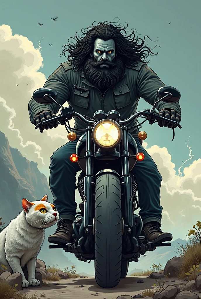 dark man,curly hair,, Harley Davidson,white cat with orange face in eye and spots,blonder woman,Roadside,strong fat,cartoon, adventure,Machado beard,ogre,zombie's.smoke