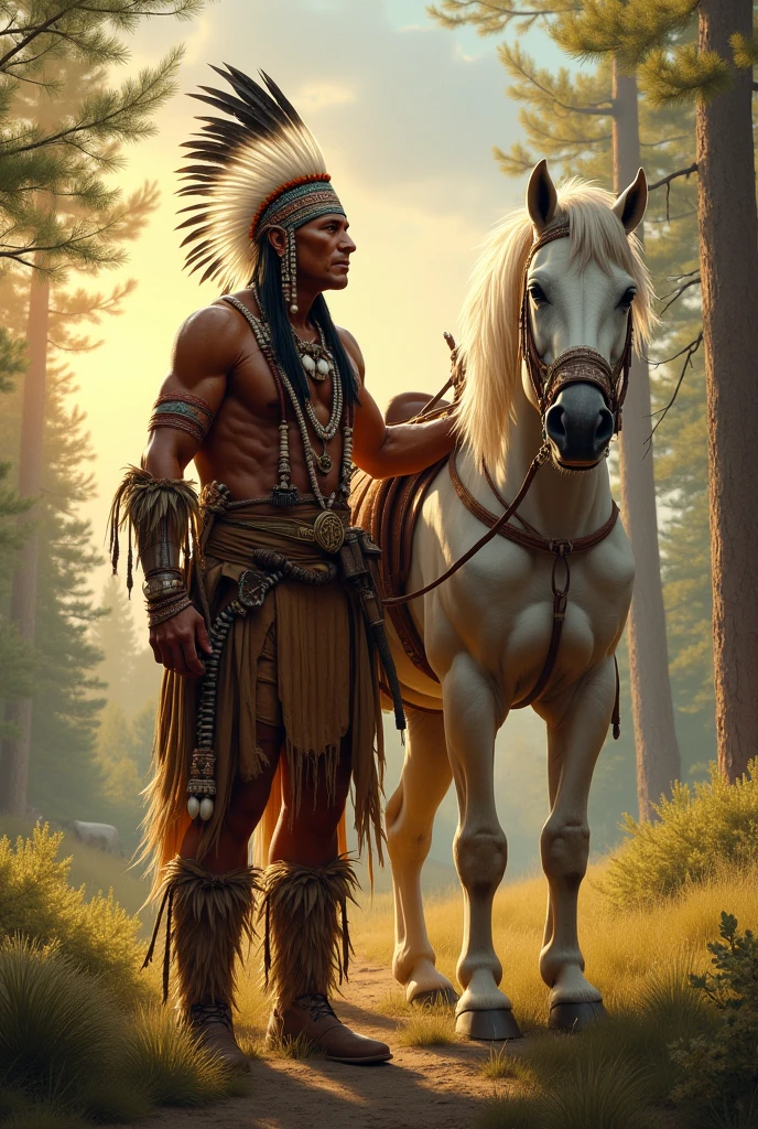 Highly detailed and stylized digital artwork masterpiece featuring a spectacular muscular man with tan skin and defined facial features, adorned in rich traditional Native American attire. He wears a headdress with white and blue feathers, and his chest is decorated with intricate beadwork and exquisite turquoise ornaments. He stands beside a beautiful brown horse with a bridle, set against a backdrop of tall grass and a misty sky. The image captures a sense of strength, royalty and connection to nature, with a focus on the cultural and historical elements of the subject's attire and surroundings. In the style of Craig Mullins and Greg Rutkowski.