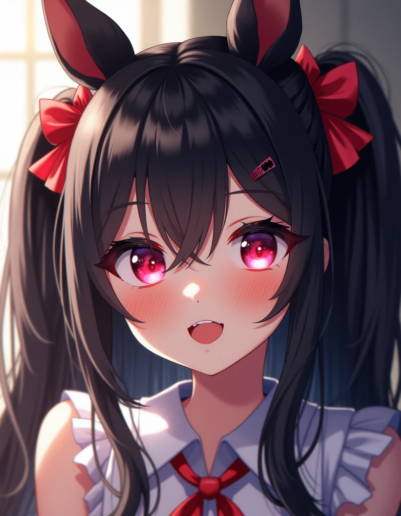 1girl, 10years old, , cute, 独奏, grin, naughty smile, flat chest, cute children fashion, trembling with sexual climax、Black Hair、Red Eyes、Twin tails、Front facing