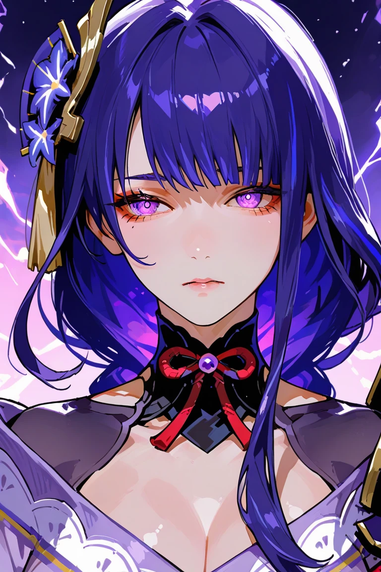 sexy raiden shogun, hair between eyes, purple hair, red lips