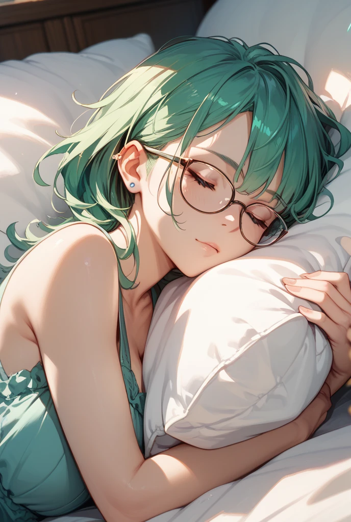 1girl, solo, 53 years old, milf, teal and green hair, messy hair, asymmetrical hair, ahoge, very short hair, aqua eyes, medium breasts, pale skin, glasses, bed, eyes closed, sleeping, asleep, darkness, night, pyjamas, open clothes, on back, candlelight, volumetric lighting