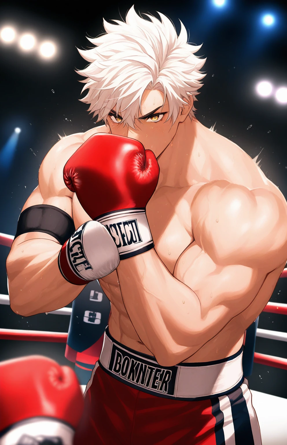 1 man, 35 years old, wearing red boxing gloves, silver hair, short hair, angry facial expression, blushing, muscular body, flex his muscle, big muscles, big pecs, boxing stage background