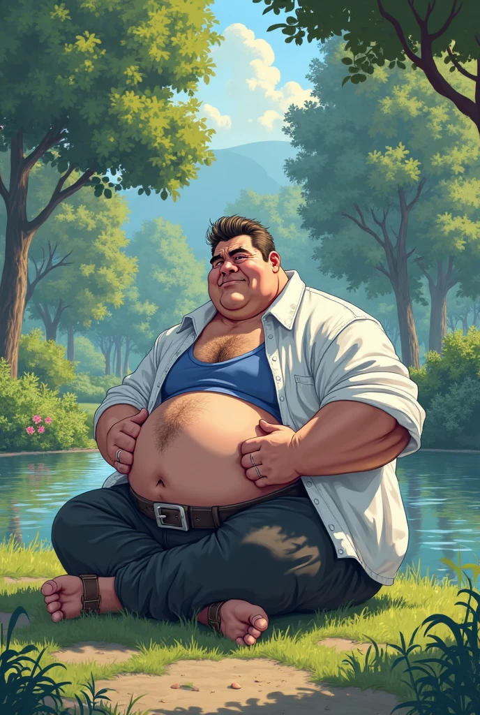 young face, thin face, Sharp Facial, Black hair, 1Boy, dark brown eyes, beardless, Black tight shirt, Best Quality, running, fat abs, fat, Tight breasts, fat breasts, from sideview, black shirts, sweatshirt, fat thighs, fat tits, fat arms, fat legs, fat body, Huge fat, photograph realistic, Masterpiece, male, side part hair, strong, (Pectoralis major: 1.2), Smile, Best Quality, 8K, OriginalPhoto, realisitic, high resolucion, The ultra-detailliert, film lighting, film grain, chromatic aberration, mountain path, tits huge, Dynamic Angle, Details Finger, big bulge, Huge bulge, Black Swim Brief