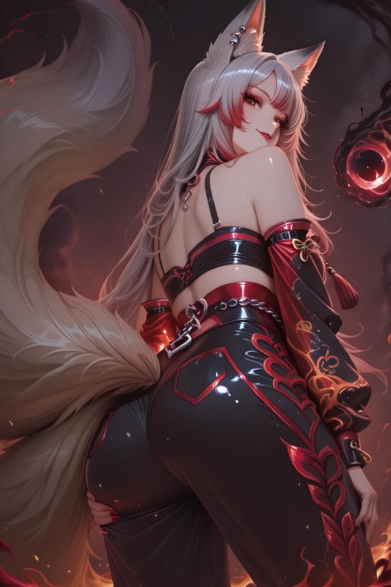 a girl,crawling on all fours， Sheep&#39;s horn, full color,  long white hair, Red Eyes ，Eyeliner, , Turn your hips, immerse in water, black transparent clothes, Red, open air, Rose, night, ruins, Butterfly，back view，big asutt close-up