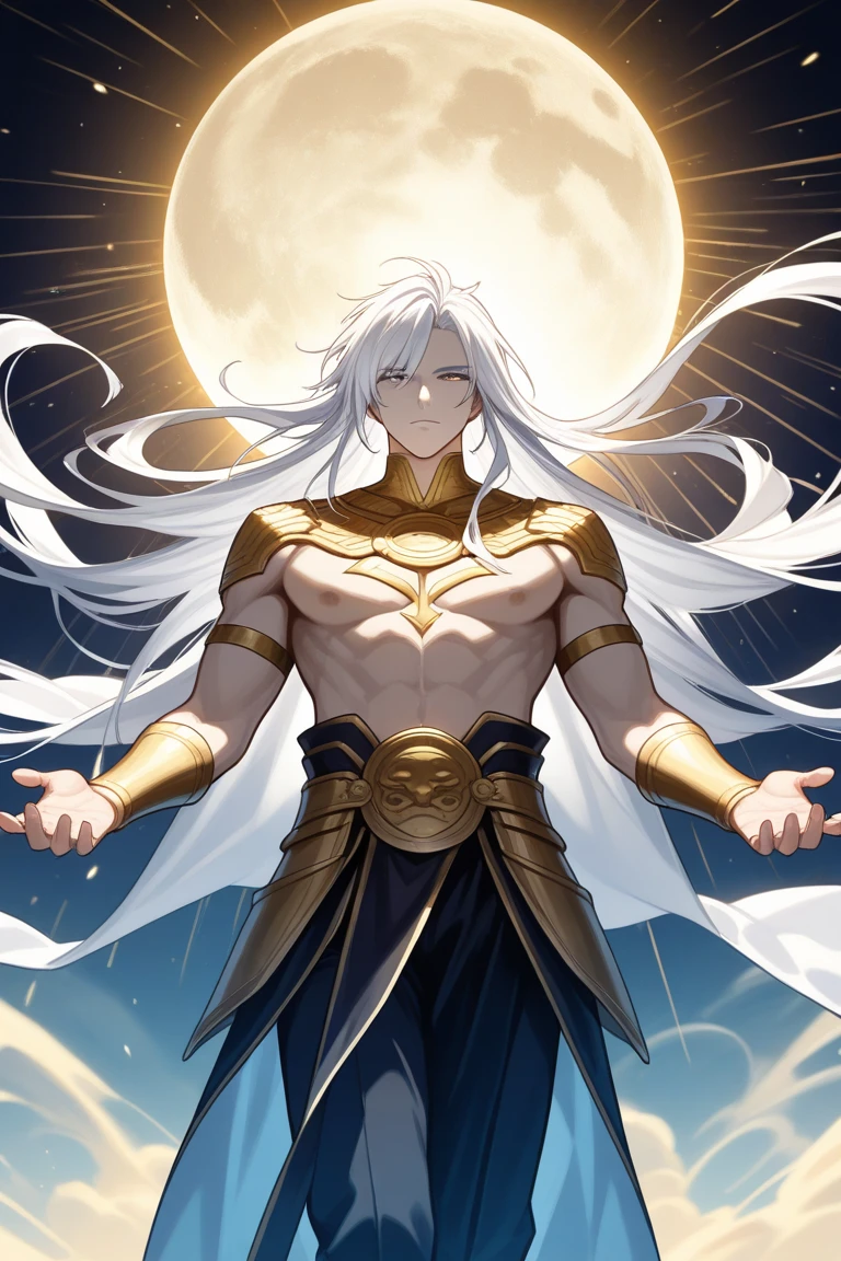 male jellyfish, gorgeous man, hair composed of brown snakes, reddish white eyes, ultra-detailed sea surface, skulls in the reflection of his eyes, background of white stone statues of muscular and mature men, expression of anger and hatred, symbol of the feminine in the center, well-structured male body, golden jewels all over his body