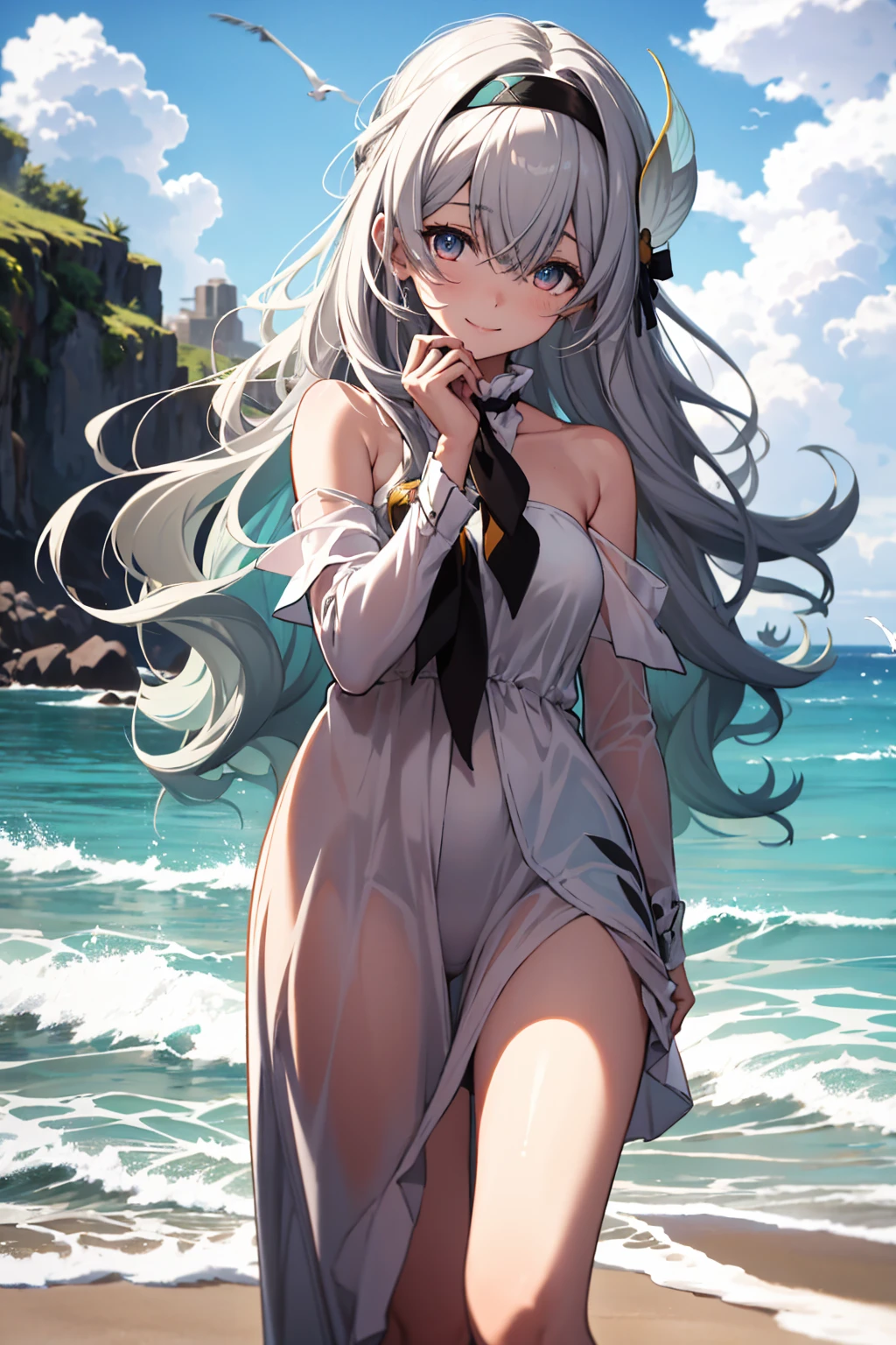 (shiny skin,melancholy look、Super detailed),((1 girl)),(perfect face, detailed face, fine eyes,perfect hands,perfect fingers), (medium breasts:1.2,evil smile:1.4),(mature woman:1.4),cowboy shot,thick,throw, (from below:1.4),short hair, Straight HARE,((白のone piece))、one piece、((8k wallpaper)),bare chest,cleavage, window,chest comes out,transparent clothes、(((white background:1.5)))、Put your arms behind your back、EMPosing for a bust size、(A gust of wind blowing from beneath your feet:1.2)、((Make sure nothing is visible except the person))、((Black long lace)),index, (green eyes:1.5), ((White hair)), long hair, habit,sit、thin legs