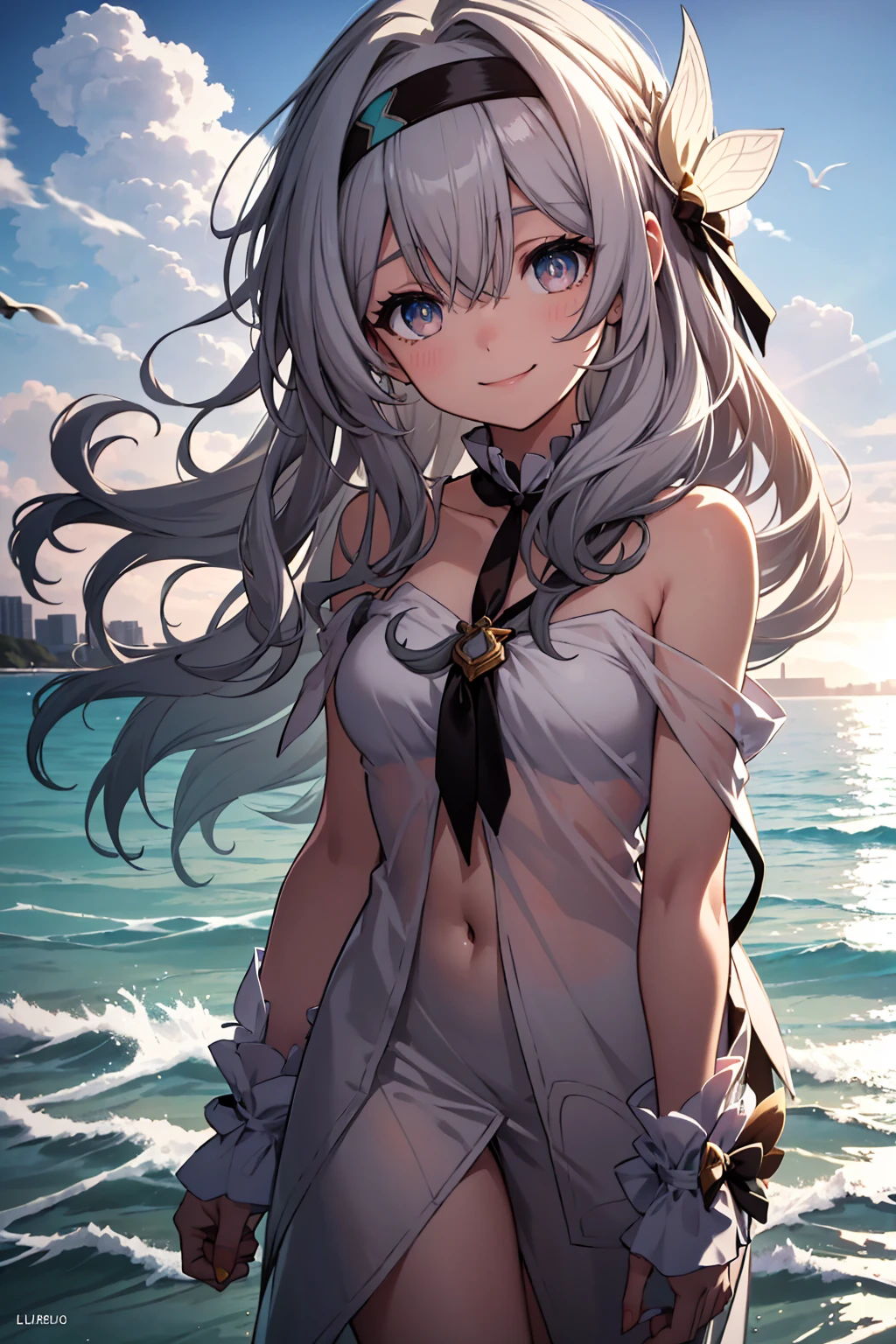 masterpiece, best quality, 1 solo girl, silver hair, blue eyes, medium hair, medium breasts, sexy body and face, wavy hair, smile, sleeveless shirt, scarf, black thigh-high, mini skirt, pendant, bracelet, jewelry, earrings, feather hair ornament, book, lying at the bed, night, sexy pose, cowboy shots, detailed body, face, and eyes, sharp focus, vibrant, creative, dynamic, high definition, high resolution, 8k, (Upscale: R-ESRGAN 4x+ Anime6mage enchance:4x), voluptuous body, cinema lightning, dakimakura style, looking at the viewer, hair braid