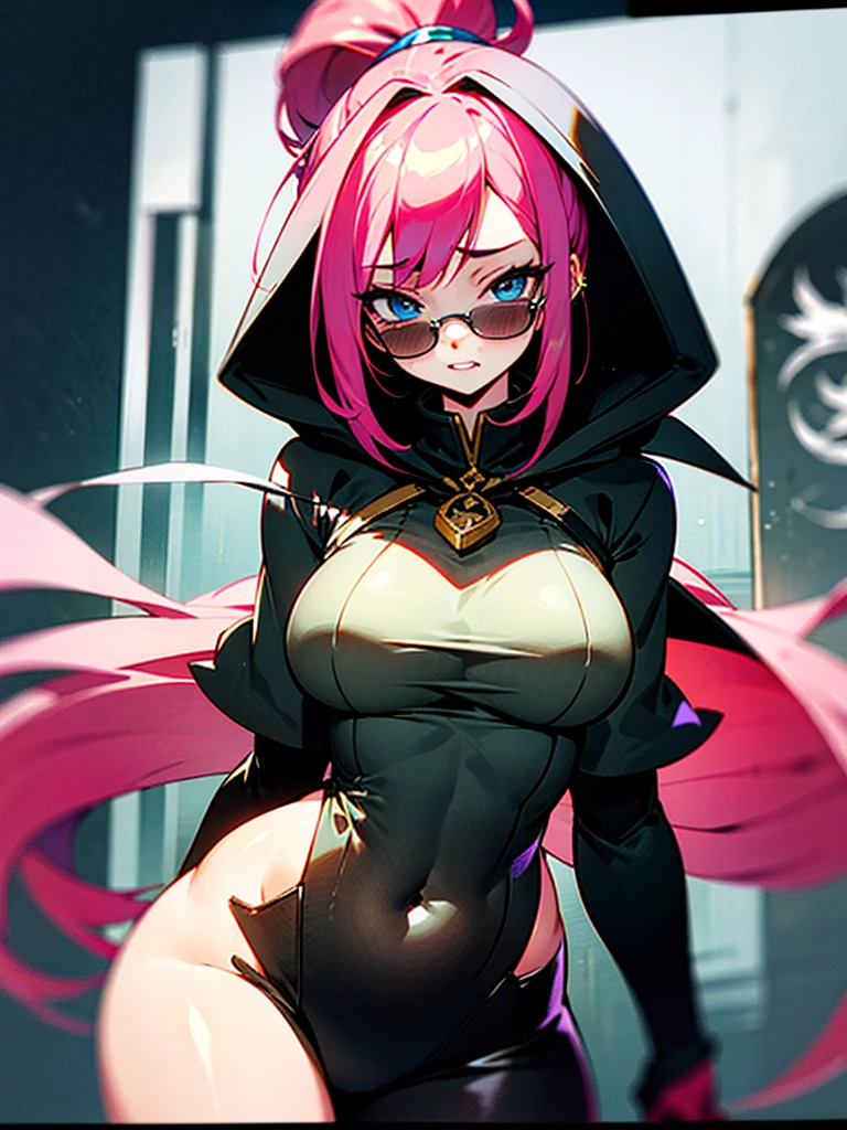 A pink haired reaper with violet eyes and an hourglass figure in a sexy black flowing gown is posing in a bed