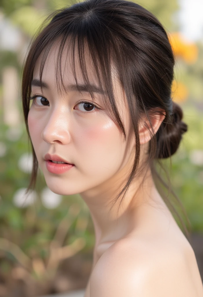 (Highly realistic photos, High resolution, Detailed face, Fine Eyes), ((Photographed in front of a white wall))、Japanese women, 20-year-old, A variety of expressions, alone:1, Slim figure, ponytail, naked, one in the photo、Photographed in natural light、Simple Necklace、profile、Dark brown hair color,Dark skin,Nao Oikawa,whole body,Large breasts