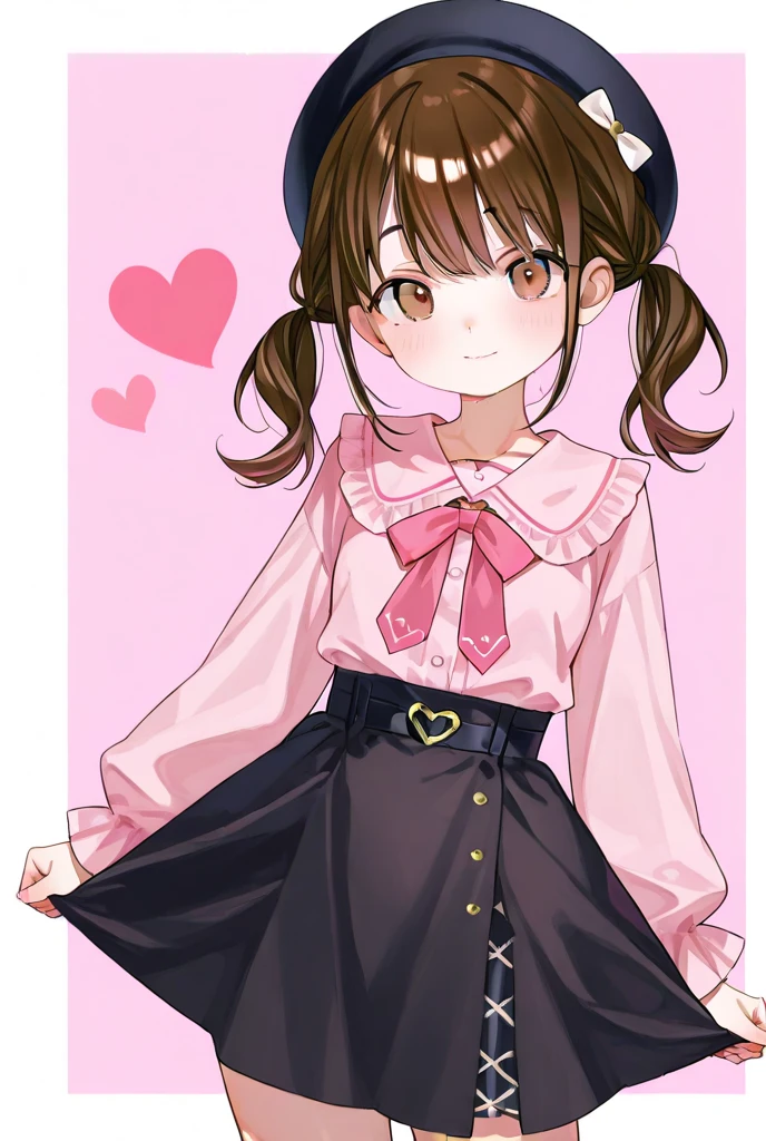 Woman with brown curly hair, grey eyes, very short, wears a white skirt and light pink hello kitty sweater, petete, fishnet lace stockings, button nose, round downturned eyes, white small belt, hello kitty hair clips, pink thigh garters, cute pink Mary Jane shoes, pink hello kitty choker,