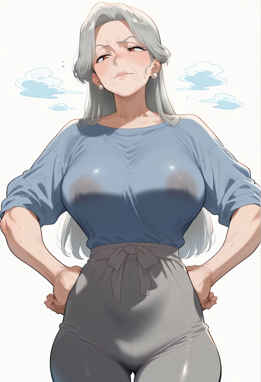 Grandma and her two grandchildren、outside、hot summer、Sexy pose、See-through