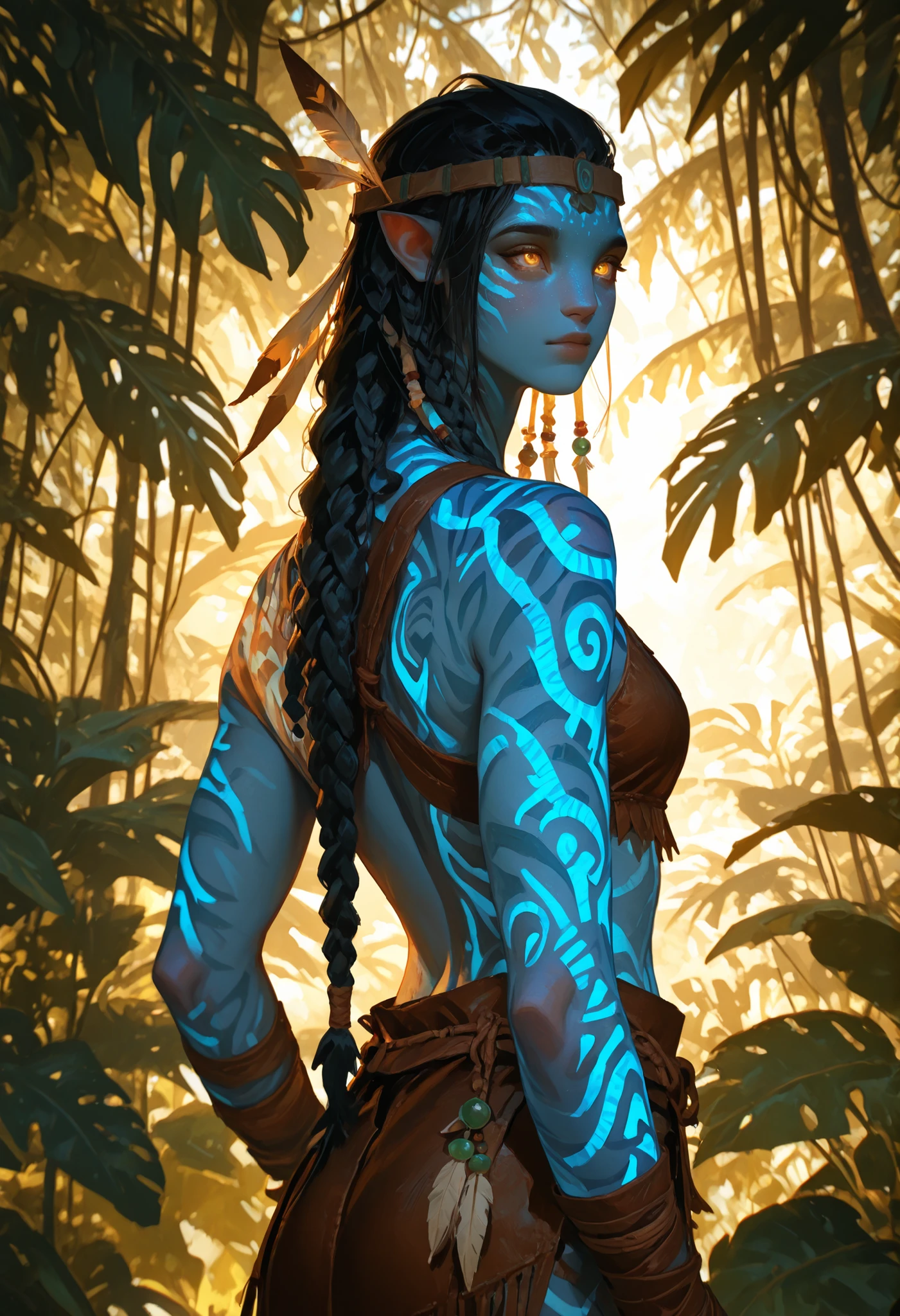 solo, colse-up portrait, a female Na'vi warrior standing confidently in the lush jungle, with deep cyan-blue skin, glowing bioluminescent markings across her face and body, tall and athletic build, long braided dark hair adorned with feathers and beads, large golden eyes filled with determination, tribal tattoos on her arms, wearing natural leather and woven fiber clothing suitable for forest life, carrying a bow on her back, surrounded by glowing jungle plants and floating woodspirits, sunlight filtering through the canopy, semi-realistic digital painting, 2:3 aspect ratio, cinematic lighting, high detail