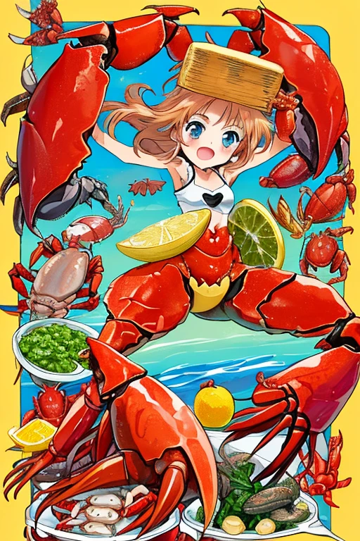 high quality, masterpiece, full body, anime style, beach, 1girl, crab girl, mature, sexy, lustful, lustful look, swimming suit, mature, slim and sexy body, red hair