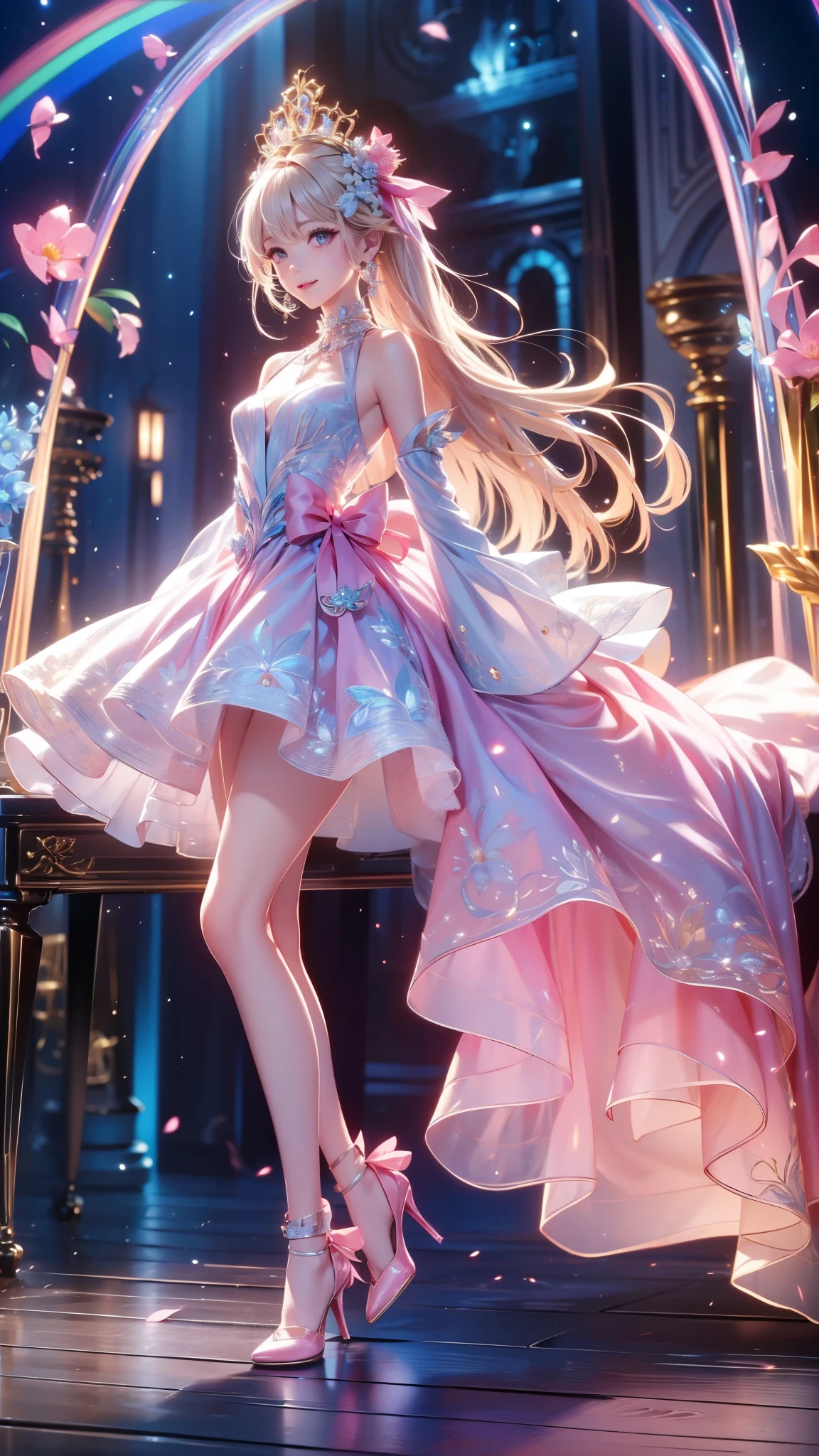 Composed from head to foot  、full body図、 watch viewers、 score_9, score_8_ up, score_7_ up, anime style、In 8K、32K、​masterpiece、 one girl、 8k resolution, masterpiece, Highest Quality , winning work ,  unrealistic, anatomically correct skeleton , 1 girl on break day, alone, long hair,,masterpiece, Highest Quality , ( Just Contate  ), ( perfect face :1.1), (full body), ( High detail during meals:1.1), ( super detailed eyes),(8k, Highest Quality , masterpiece: 1.2), Ultra High Definition ,, Marie Antoinette , super detailed face ,fine grain, Please open your mouth slightly ,( blondes), long hair, Wave Hair, in their 40s,Rococo Ruffle Dress, long sleeve dress,  dress for lying on a wooden boat has a long skirt , Baroque Dress ,  intricate fantasy dress  , Beautiful ruffle dress ,  romantic dress, frilly costume ,lottery, Data Style, formal wear, Fancy Fashion, palate colors include blue and white,( pink:1.5),Class A Smile, gold tiara on the tip of the stick , necklace, Sit in an upscale chair, Knees in the dressing room ,(  rainbow light  :1.4), ,(Inside Victoria Palace)、 and her eyes are shining 、 now、Her blondes' hair reaches her waist  、Rose-colored gradation and three, 薄い pinkのロック. 彼女は花柄の装飾が施された gold tiara on the tip of the stick を着用し、 Matching earrings  , white flower choker. 彼女は金色のボタンで縁取られたフリル付きの白いストライプの pinkのトップを着ている, The white sleeves are in the shape of a rosebud ..  with a magenta ribbon flowing out of her chest  ..、 At the back of her neck  、Matching chest piece, Decorated with flowers. Her ruffle skirt is separated by a white line ,  The dress has a large magenta ribbon on it  、Decorated with gold, There is a small ribbon on the back. Her mini skirt、薄い pinkのマゼンタの貝殻状の裏地と白い花のペチコートでできている. 彼女は pinkの花がついた白い手袋も着用している, 白と薄い pinkの靴には、ゆるいカフとDecorated with flowersたマゼンタのリボンがある.
