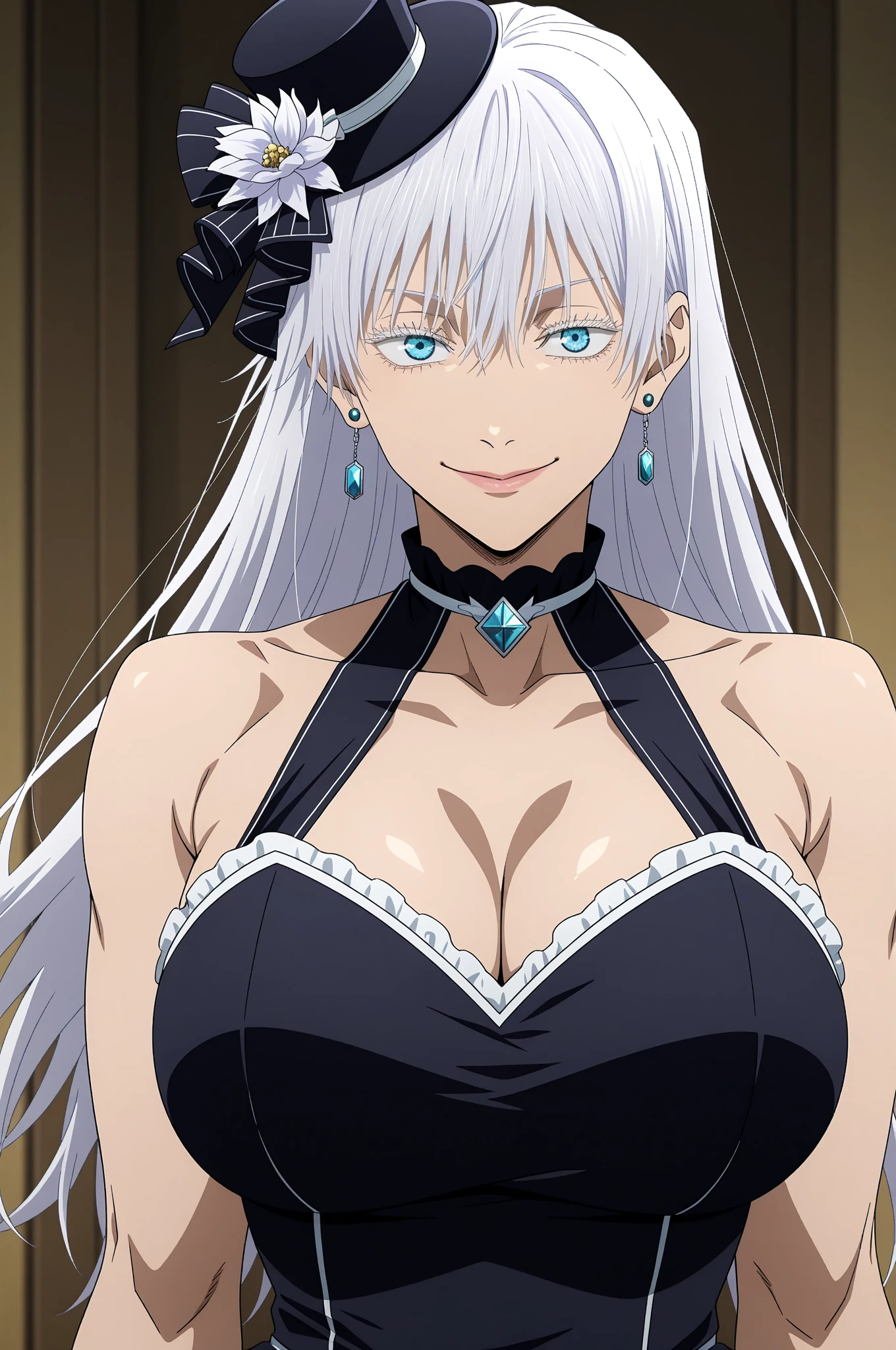 1girl, female gojo satoru, anime screencap from jujutsu kaisen, gojo satoru female version, solo, long_hair, Red eyes (silver_hair)), (hanging breasts) upper_body, smile, indoors, book, red_eyes, lips, ( ponytail) ((wearing bunny outfit ) breast, "very detailed and high resolution" (Red eyes)  ((solo)) (earings) ((high resolution)) ((good quality)) ((side bangs)) (sitting)