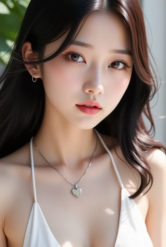 A beautiful girl, with dark red hair, with curly tips, with two bows on each side of her hair, all her hair brown-white, with a star clip in her brown-white hair, light-colored eyes, beautiful eyes, teary eyes, a beautiful and perky nose, a teary nose, pretty lips, soft red lips, heart-shaped and cupid's bow lips, beautiful pale skin, white skin, with freckles and moles all over her face, soft pink blush on her cheeks, natural pink blush, gothic soft makeup, a cruel gothic girl, a beautiful neck, a marked neck, furrowing her brow, a tender gaze, wearing a kiss necklace, a beautiful kiss necklace, wearing a shirt style YK2, with a YK2- miniskirt, while wearing a jacket, with a bare, slim, and beautiful abdomen, (large breasts, soft breasts, beautiful breasts), makeup dark, looking at the camera, taking a nice selfie.