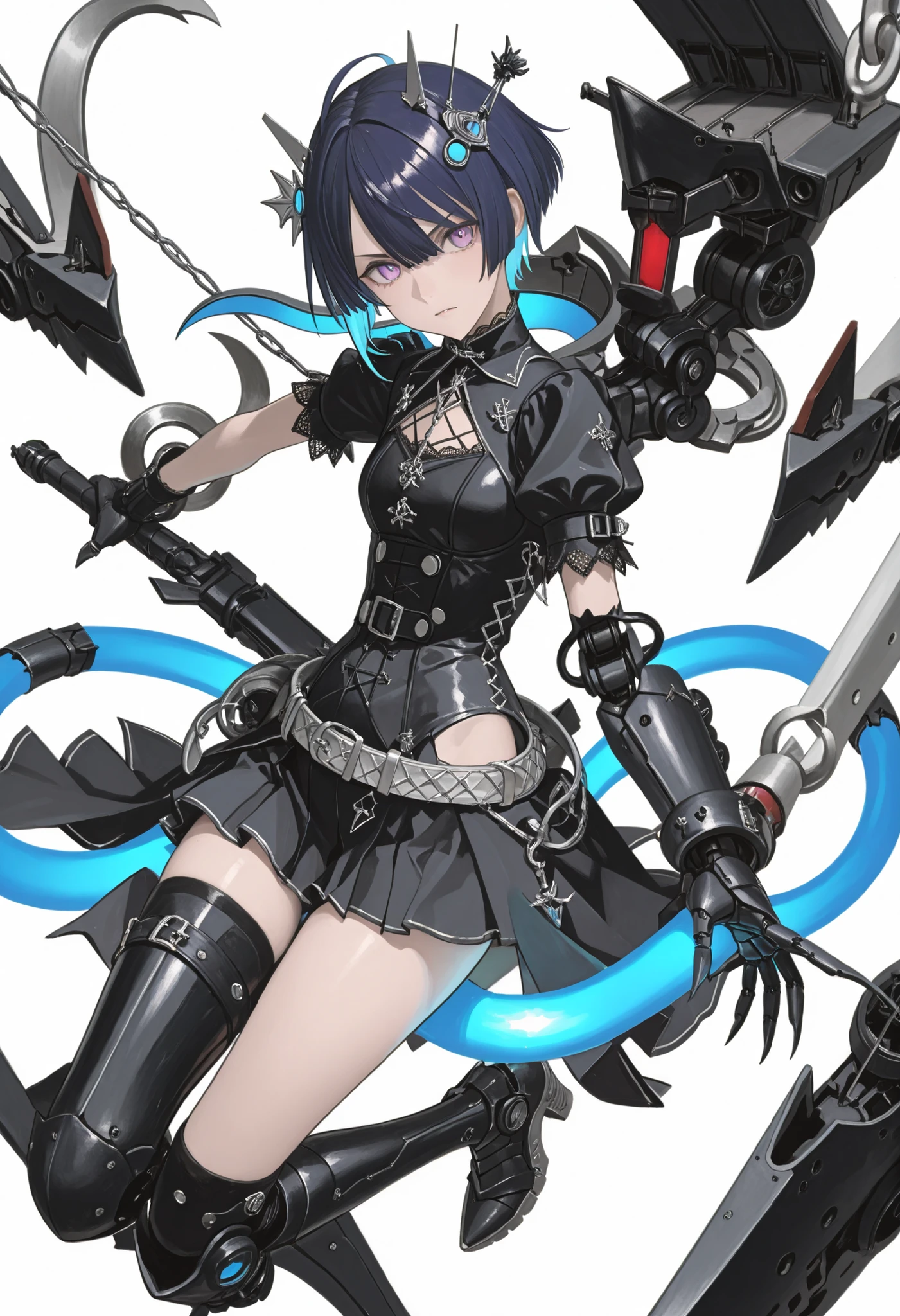 Girl with big arms. Short hair. Indigo hair. Mechanical hair ornament. Black gothic dress. Large belt. Silver buckle. Mini skirt split into left and right sides. Panty shot. Mechanical arms. Asymmetrical arms. Sharp claws. One hand is the crane hook. Glowing tube leading to the body. Battleship gauntlet. Mechanical boots.
