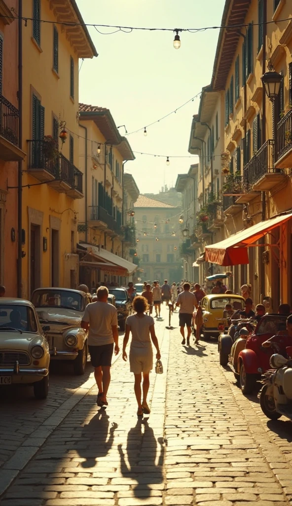 Pedestrians walk on the sidewalks, Children play in front of the portals, People are sitting on benches and steps, The crafty one makes his rounds with the mail, Two passersby greet each other on the sidewalk, Two mechanics fix a car, some groups talk.