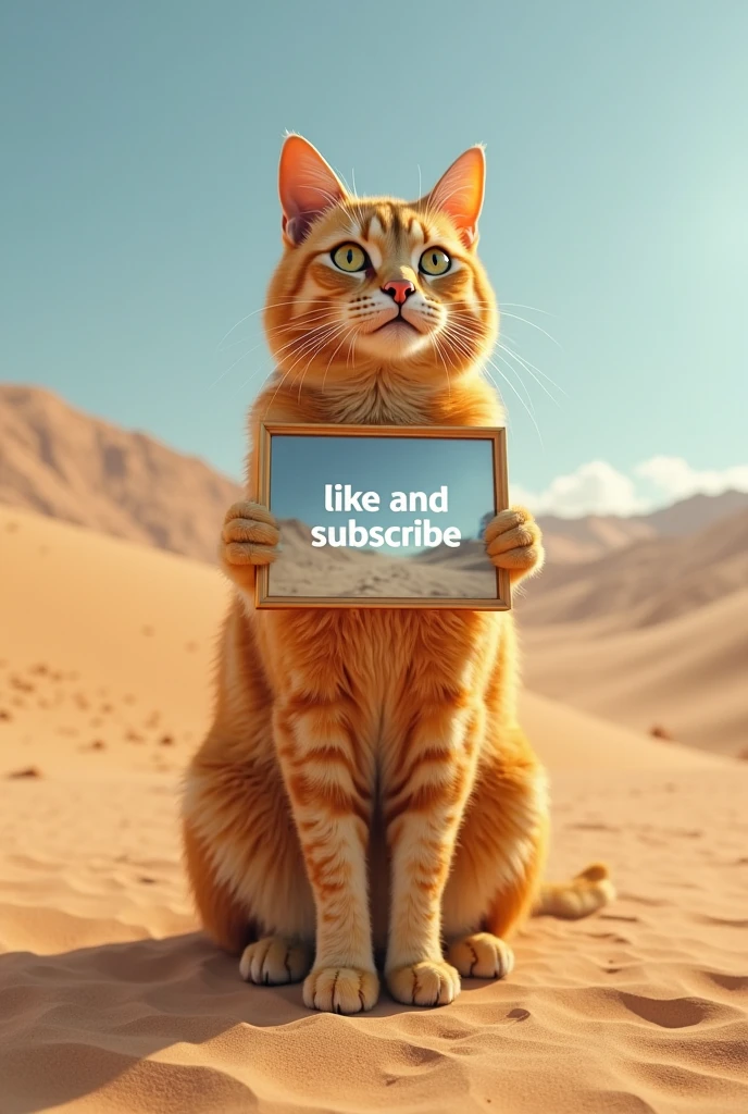 A boy will be standing in the desert in Gama, holding a board with a subscribe  it
