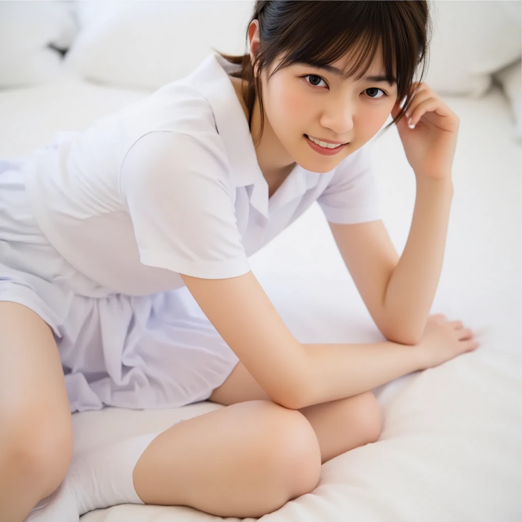 Japanese female, a lot of details, (underweight), (cheerful grin:1.5),
hugging own legs,white panties,cameltoe,