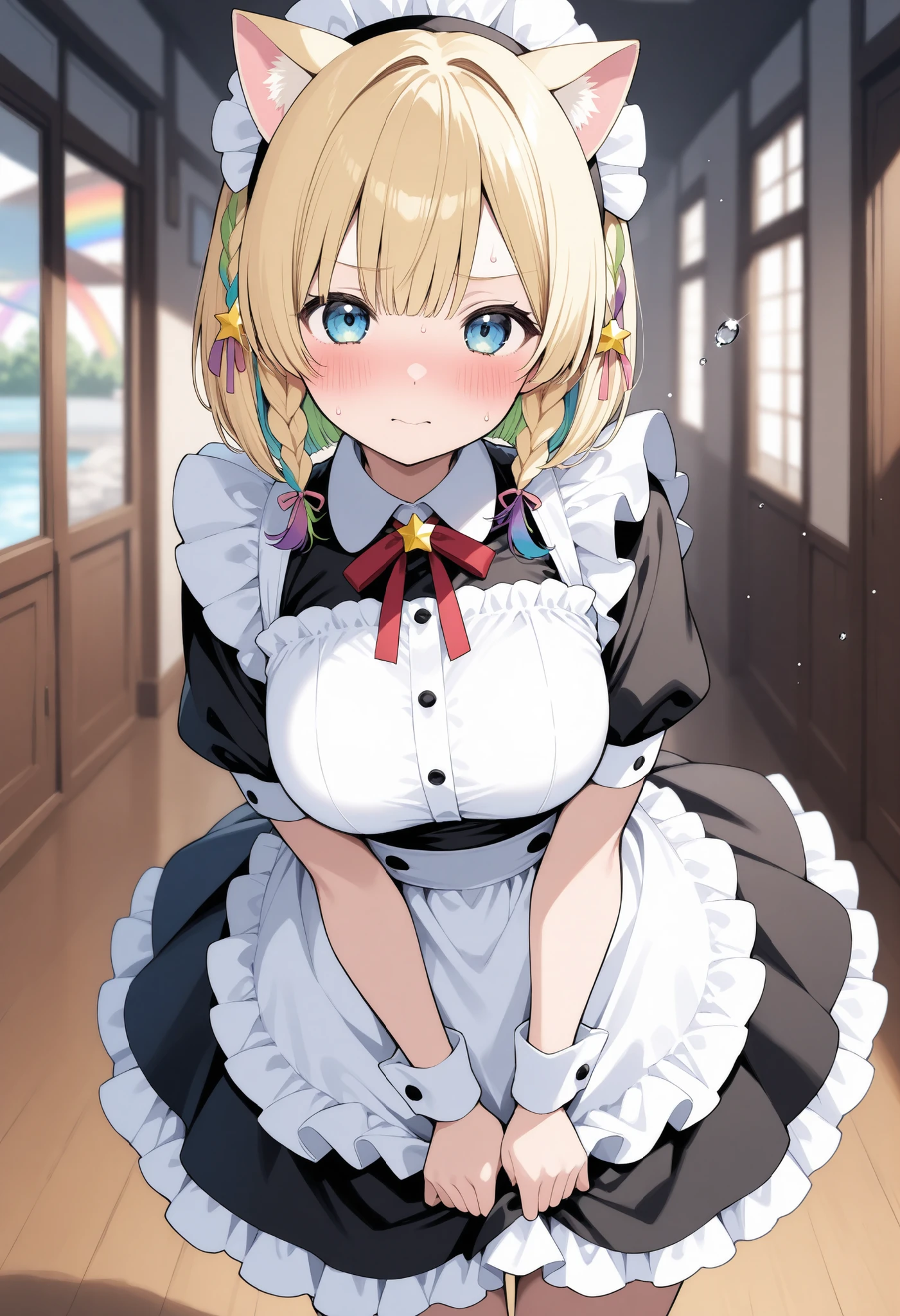 Blonde Cat Ears、bob cut blonde hair、 braids on both sides、blush、Water Drop、Rainbow twinkle