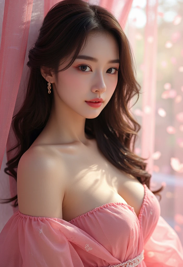 (1girl in:1.3), Cinematic Light, (masutepiece, of the highest quality, Best Quality, Beautiful and aesthetic:1.3), ighly detailed,highest details,(Ultra-detailed),,
From above,(( lying on bed)),
Solo, breasts, Silky long hair, (Brown hair), Roses were scattered all over the beds,
((Suit)), ((Shirt)), opened breast,