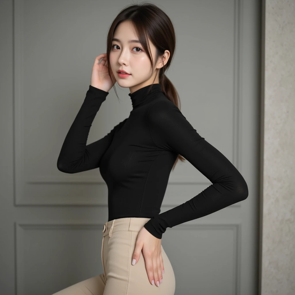 18 years old girls,Perfect face and,cute clothing,slim and slender physique。The skin has detailed and highly detailed eyes(1.1 emphasis),Very detailed skin texture(1.1 emphasis)。Elongated necklace,Model photo style,realisticlying,skin texture is real human skin texture,Detailed Skin Pore,Complicated details,The eyes are very detailed,kneesup,Attractive and sexy chibi,ssmile,,Eat parfait at a café,sitted,Dark blue turtleneck knit sweater,black long pants,coffeehouse,tit,areola of breast,full bodyesbian,Full-body photography,Full body photography,Full body like,Slim waistline, Tempting, solo, slutty, ((Topless)), (Realistic, photograph realistic:1.37), Cinematic light