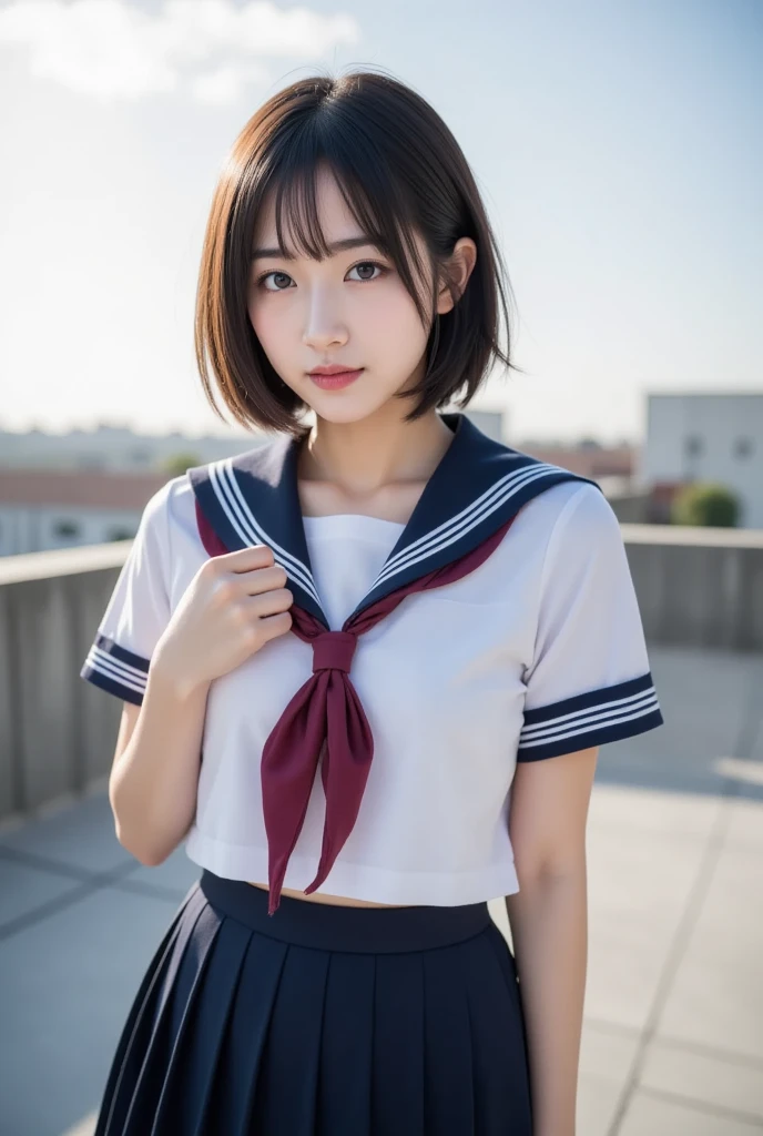Body 8 times longer than head, (High-definition CG Unity 8K), (highest quality),(very detailed),(ultra high resolution), black hair, sailor suit, 紺色のsailor suit, sailor suitを着た女子高生, Dark blue skirt, anime 2d rendering, realistic young anime , ((white headband)), small breasts, tall, slanted eyes, (school scenery), black stockings, during the day, open your mouth a little, smile, bob cut, face detail drawing,